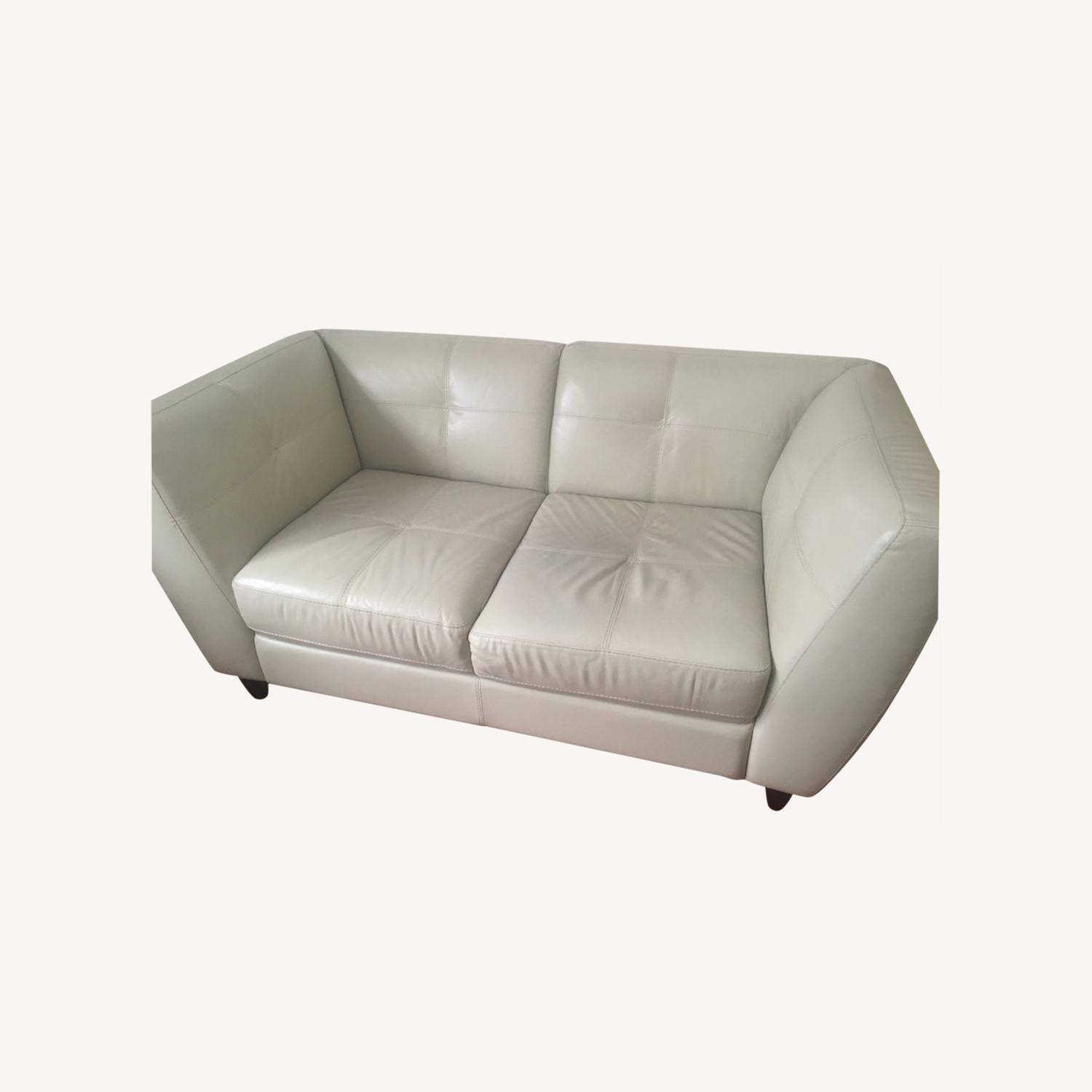 Raymour & Flanigan Sage Green Leather Sofa AptDeco