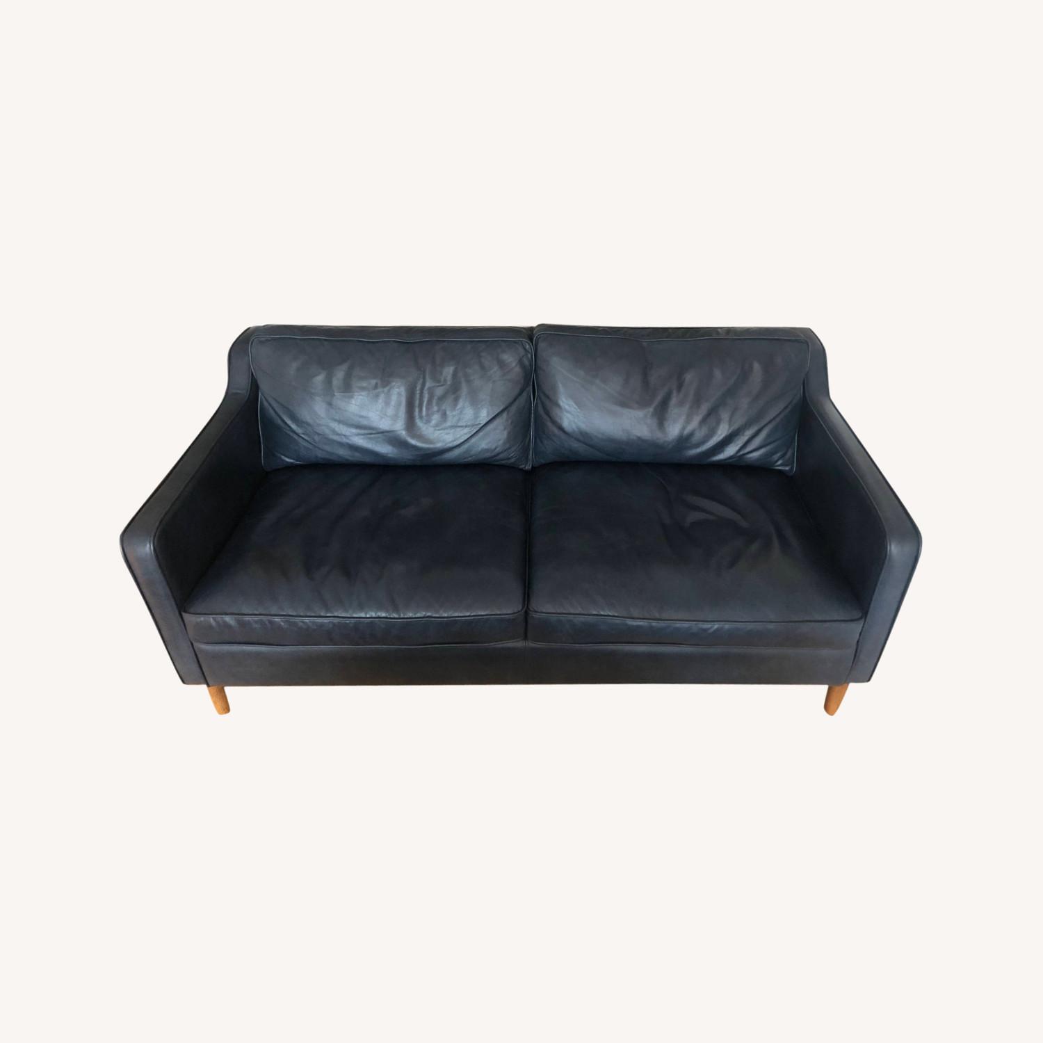 West Elm Blue Leather Sofa AptDeco