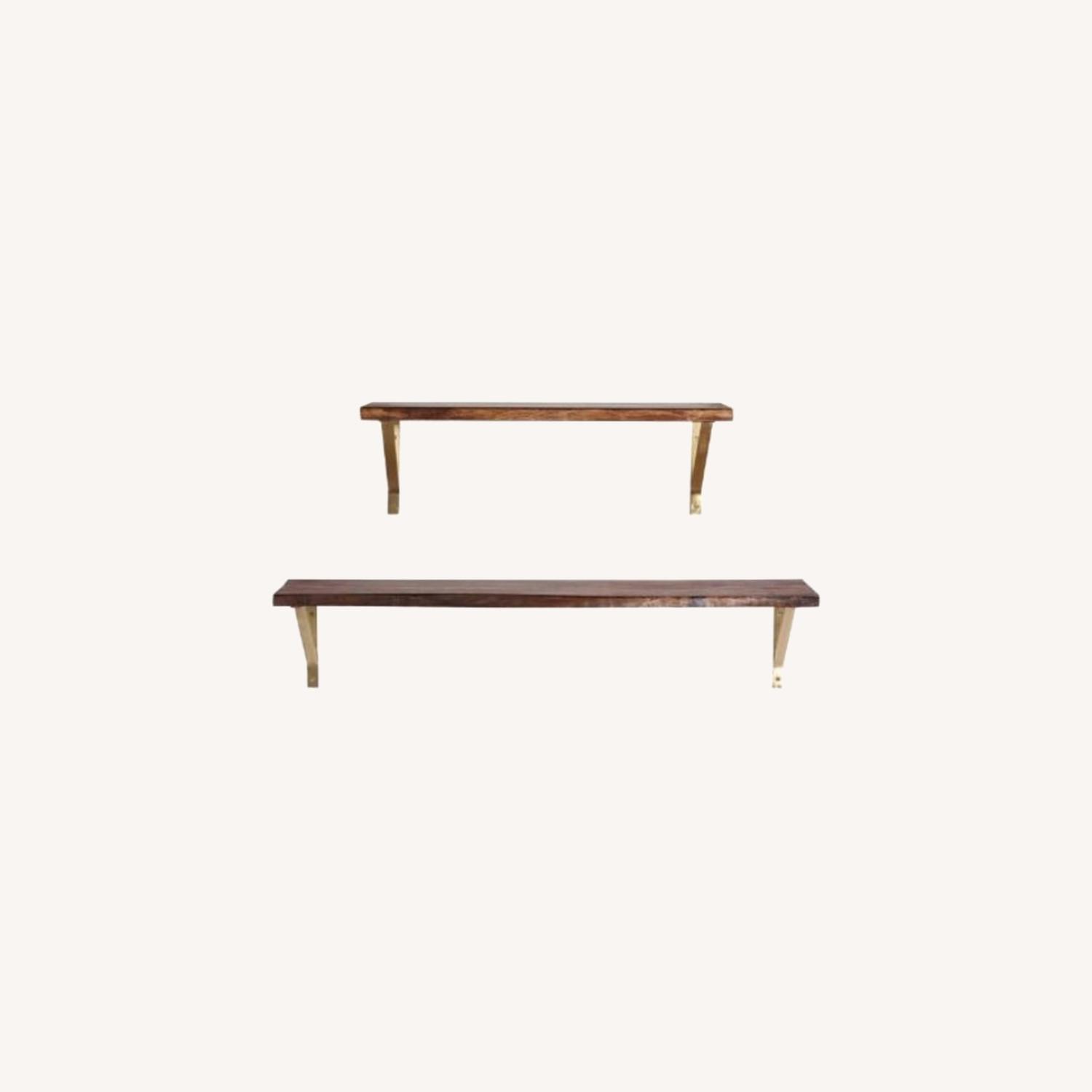 Organic Edge Wood Wall Shelf with Gold Brackets AptDeco