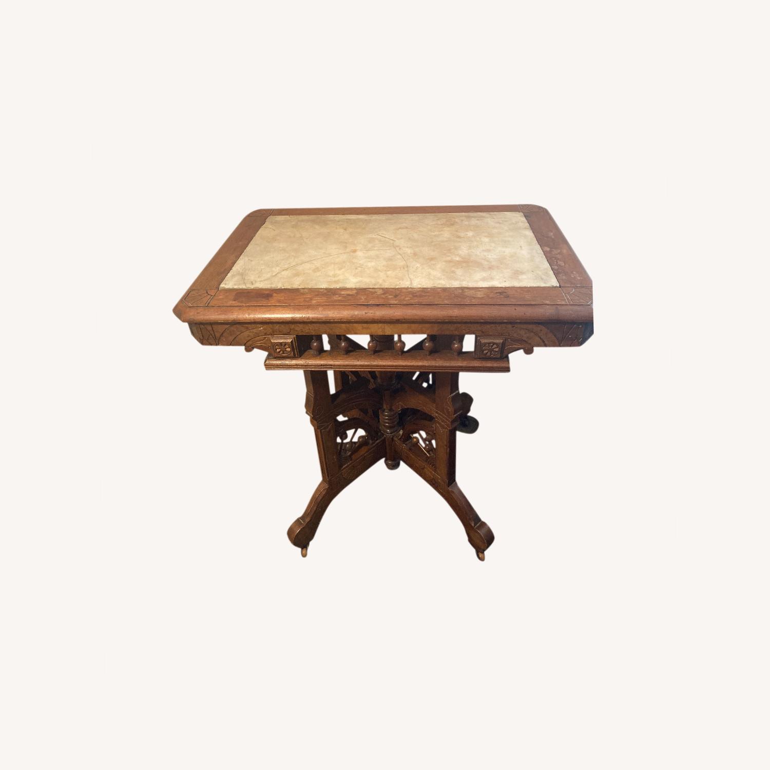 Wooden Table w/ Marble Inlay - AptDeco