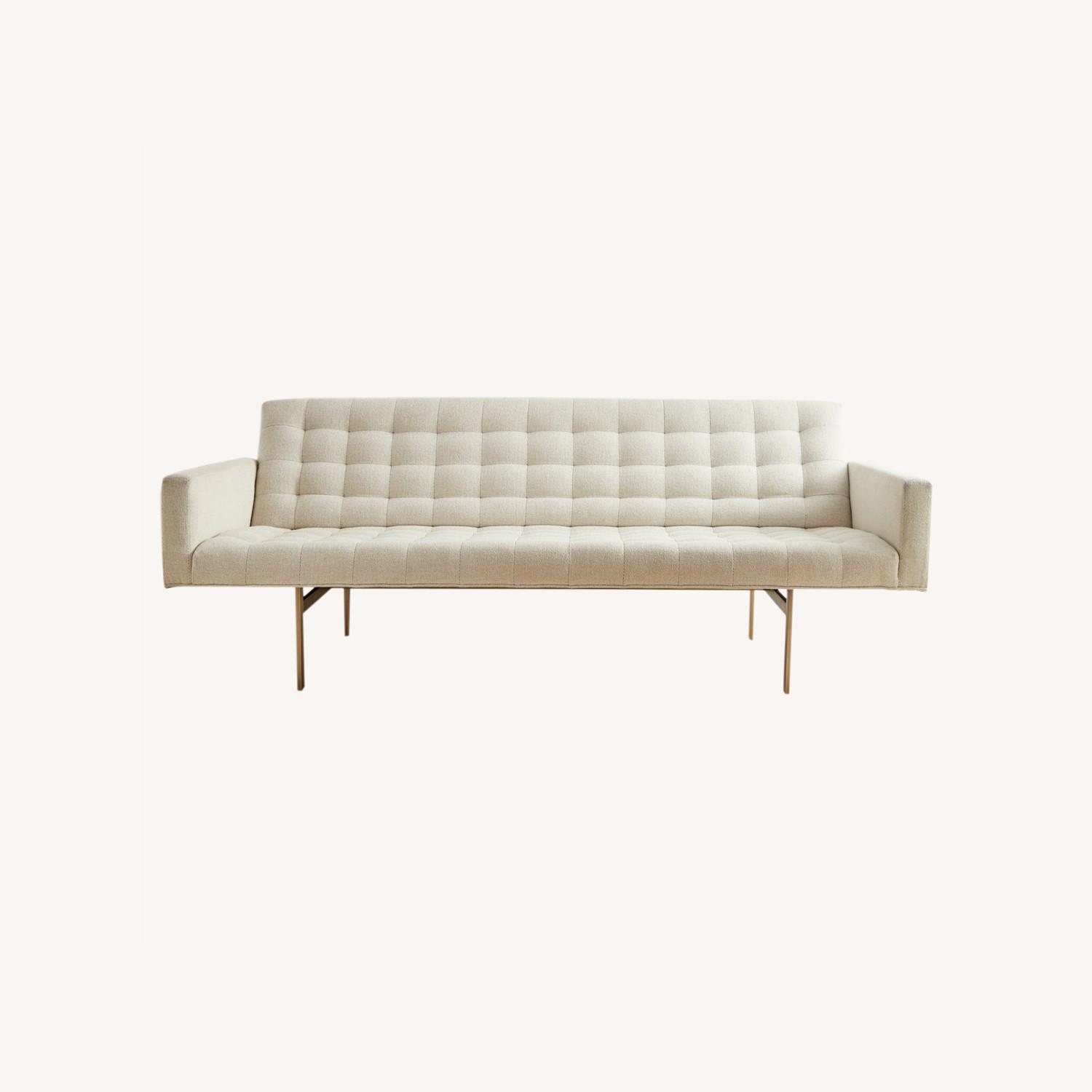 White Tufted Sofa with Brushed Bronze Metal Frame - image-0