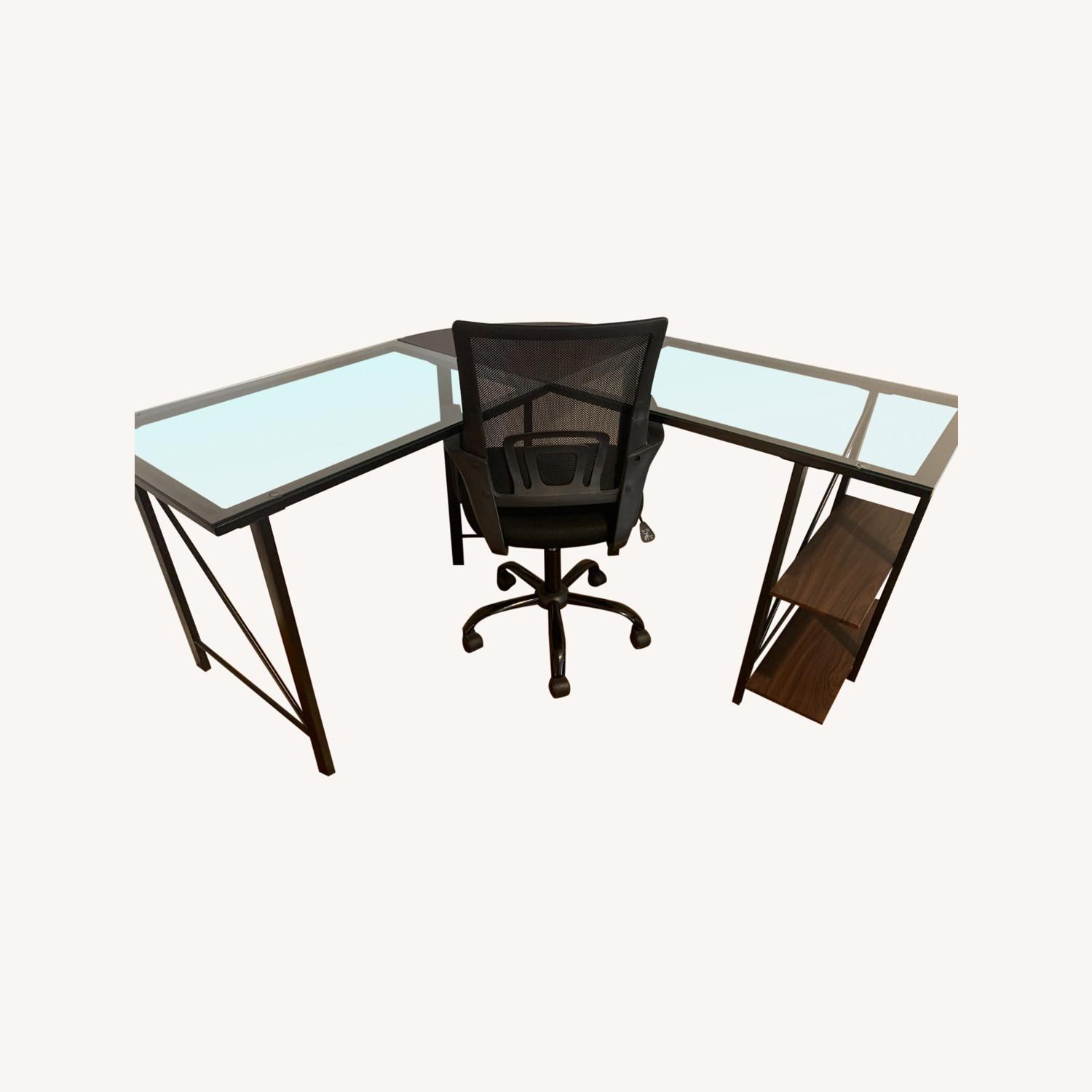 Glass/Wood L-Shaped Desk with Built-In Bookshelf - image-0