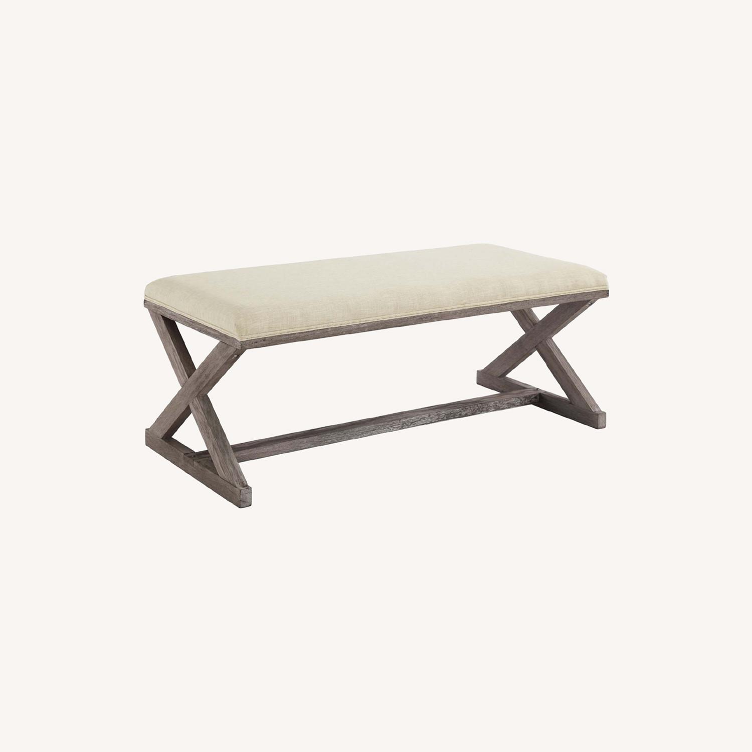 Bench In Beige Fabric W/ Weathered Wood Frame AptDeco