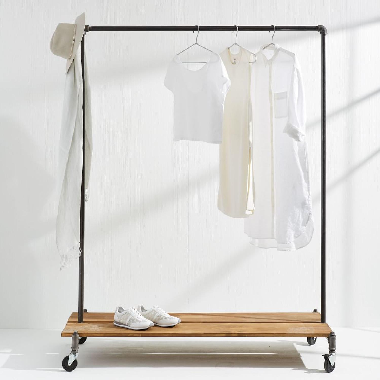 West Elm Gunmetal Clothing Rack with Rustic Wood Shelf AptDeco