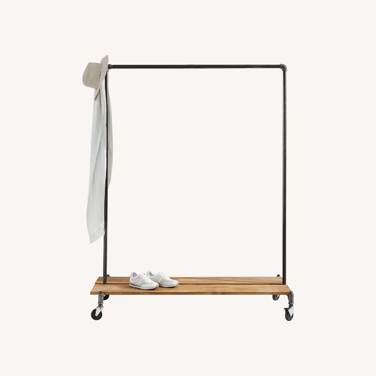 West Elm Gunmetal Clothing Rack with Rustic Wood Shelf AptDeco