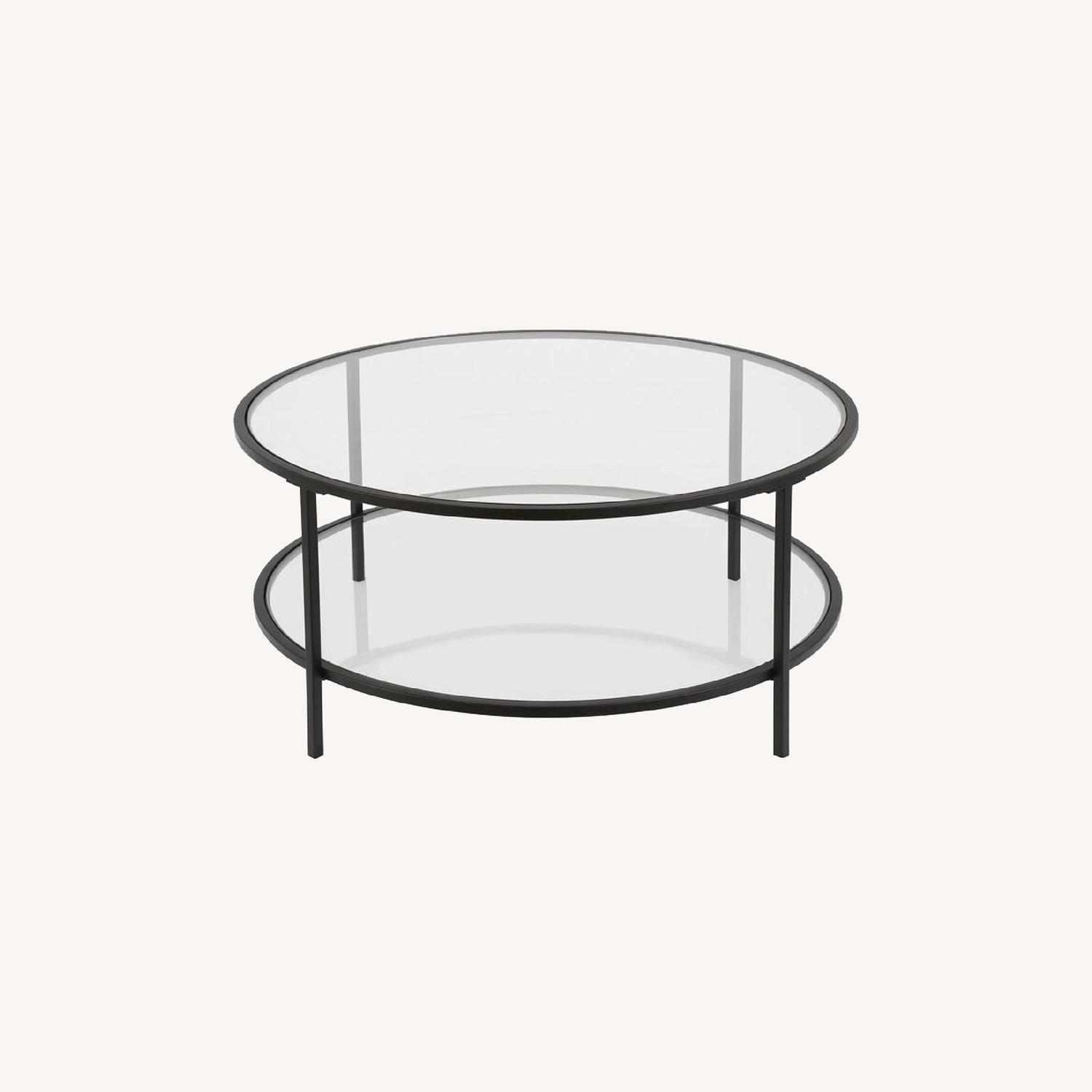 Wayfair Industrial Round Glass Coffee Table with shelf AptDeco