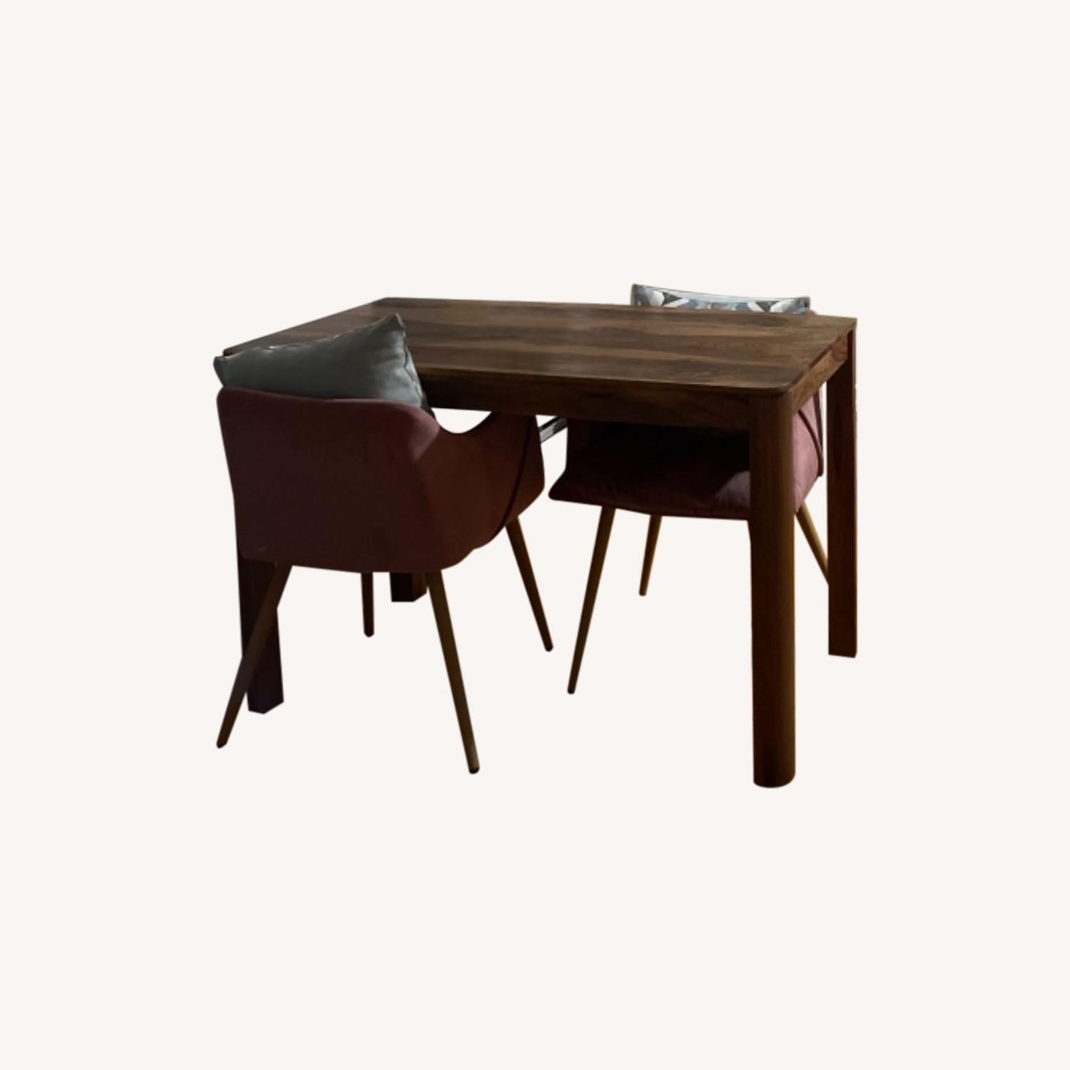 Solid Wood Dining Table with Pink Velvet Chairs AptDeco