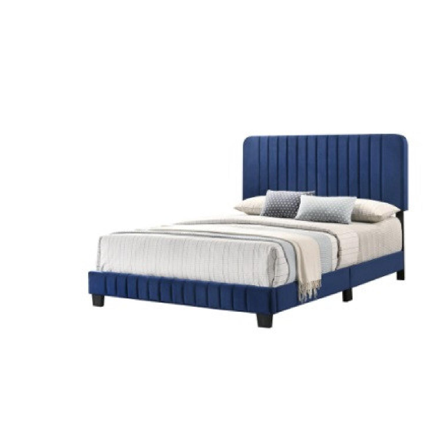 Navy Blue Velvet Upholstered Queen Bed - image-3
