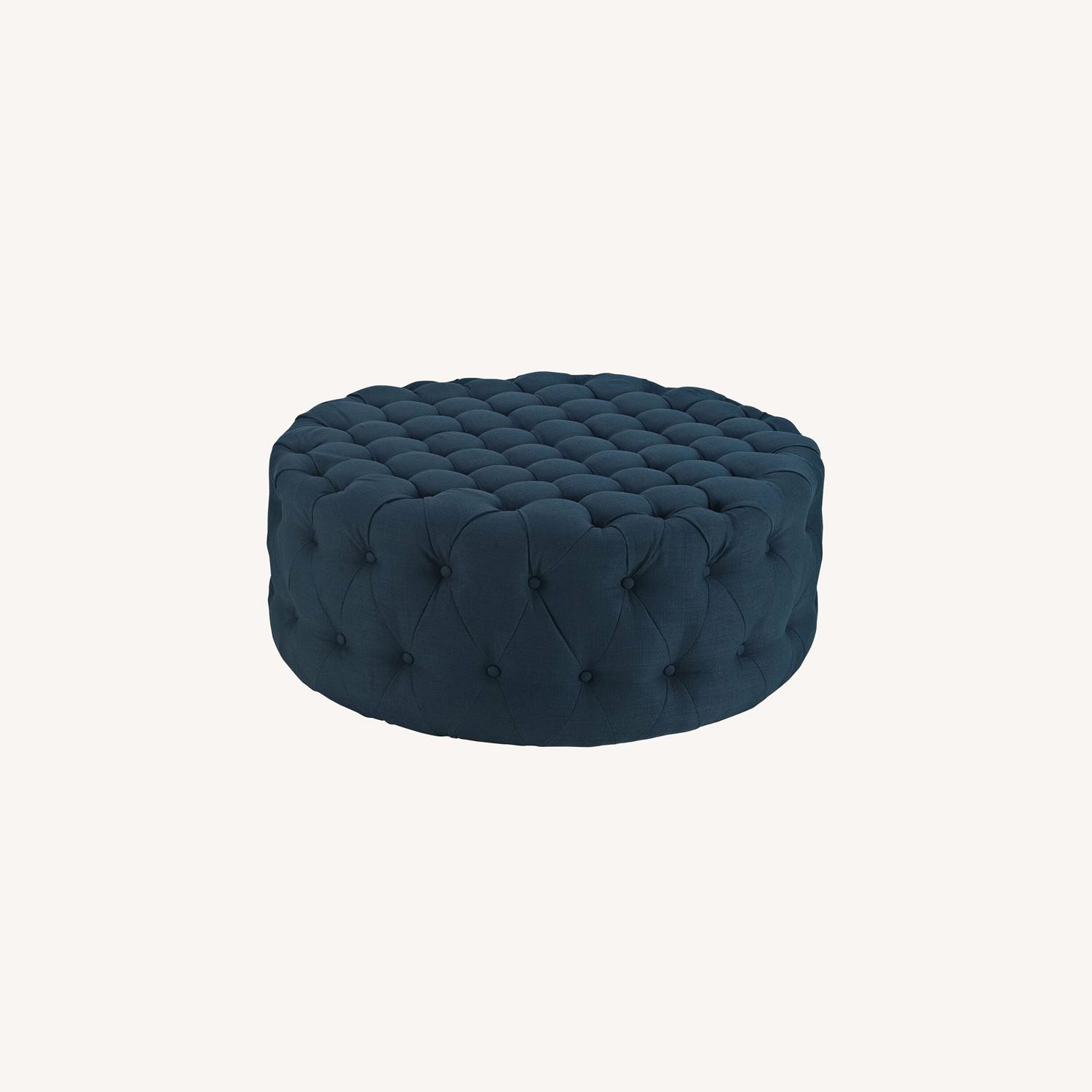 Round Ottoman In Azure Fabric Dense Foam Padding AptDeco