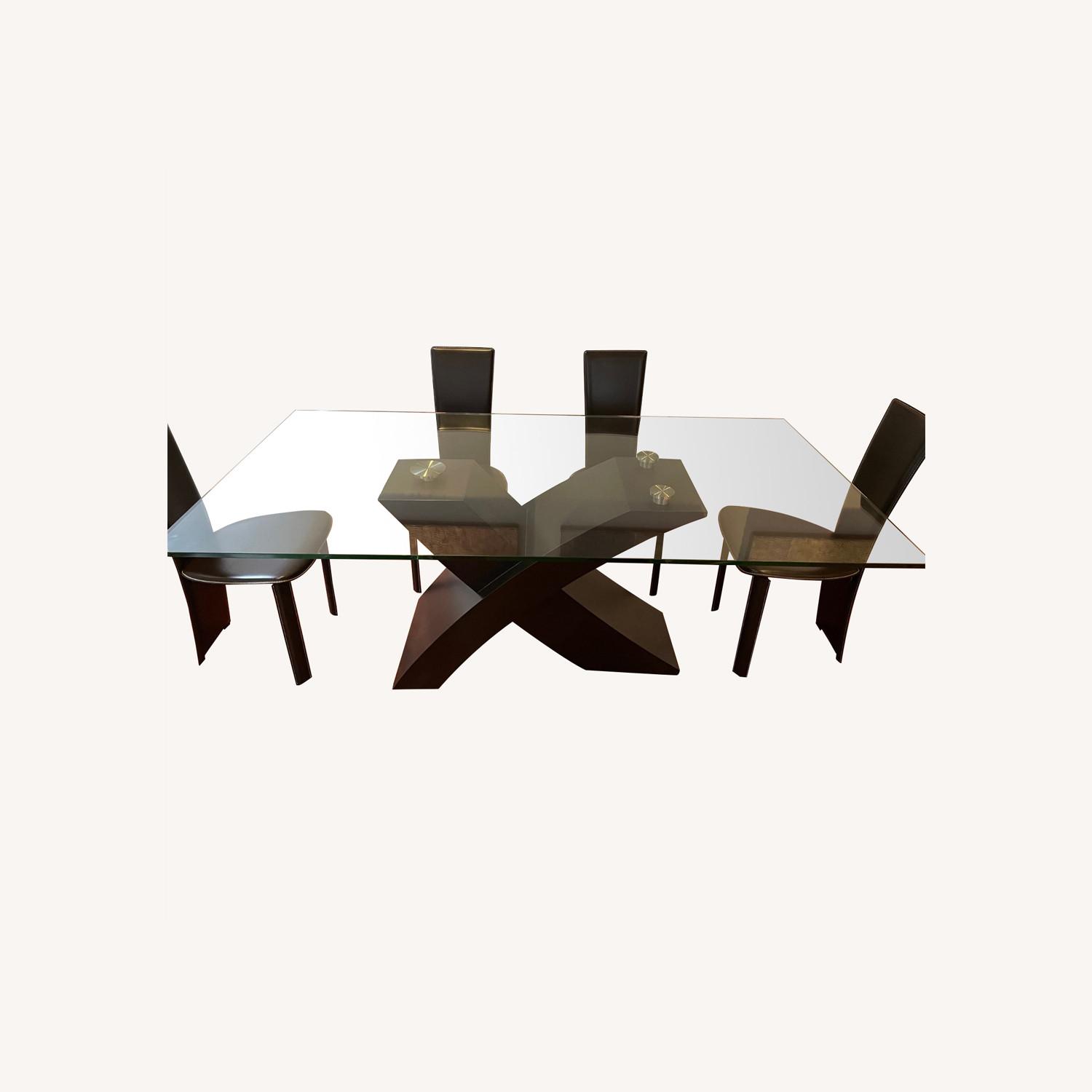Glass Dining Table with 6 Leather Dining Chairs - AptDeco
