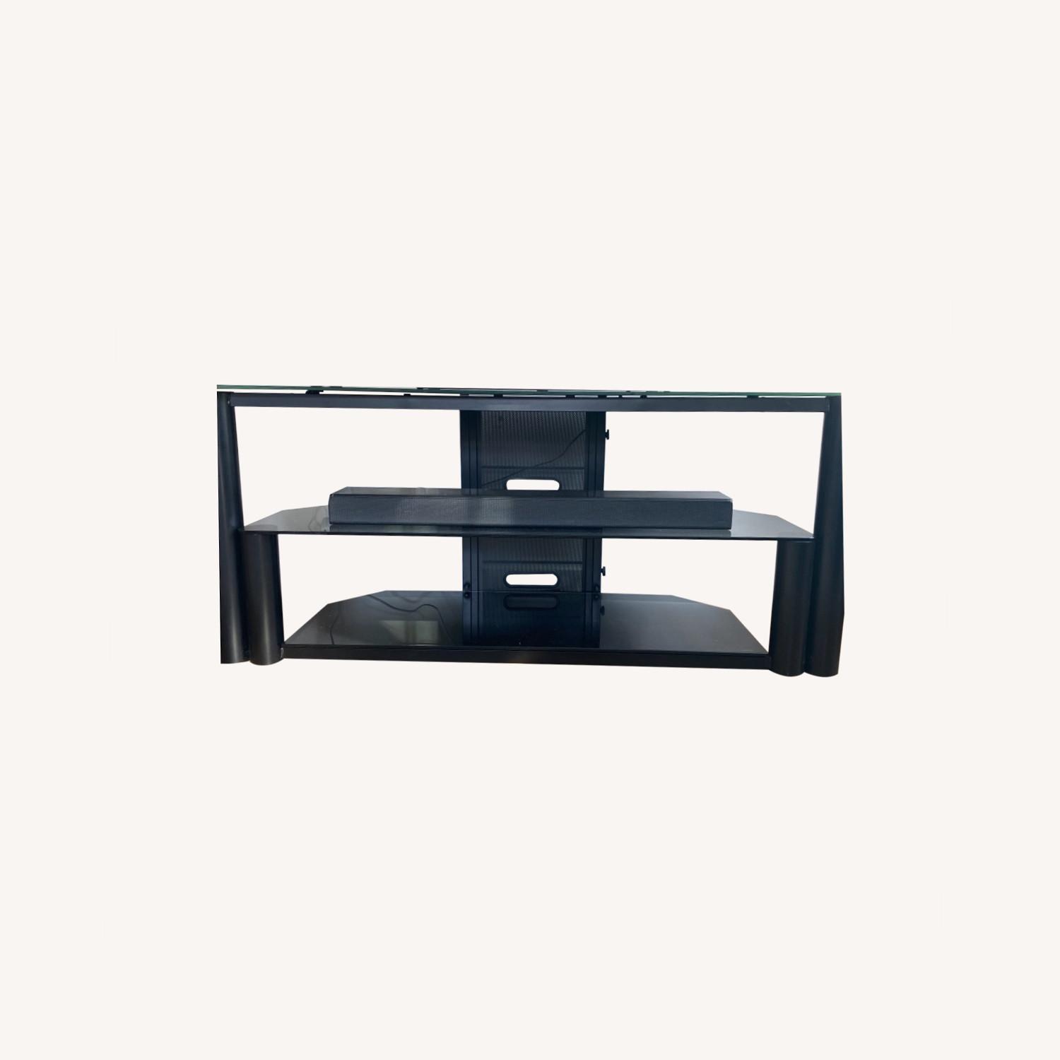 Black Metal TV Stand with Glass Shelves AptDeco