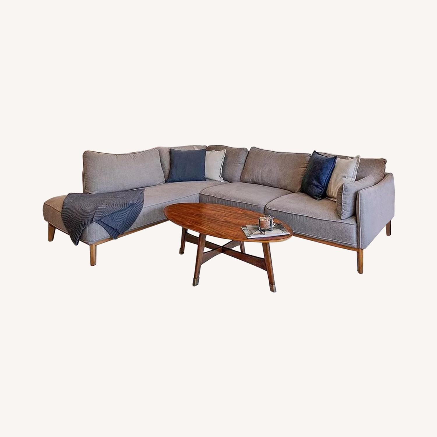 MCM Wood And Fabric Couch AptDeco mcm-wood-and-fabric-couch-aptdeco