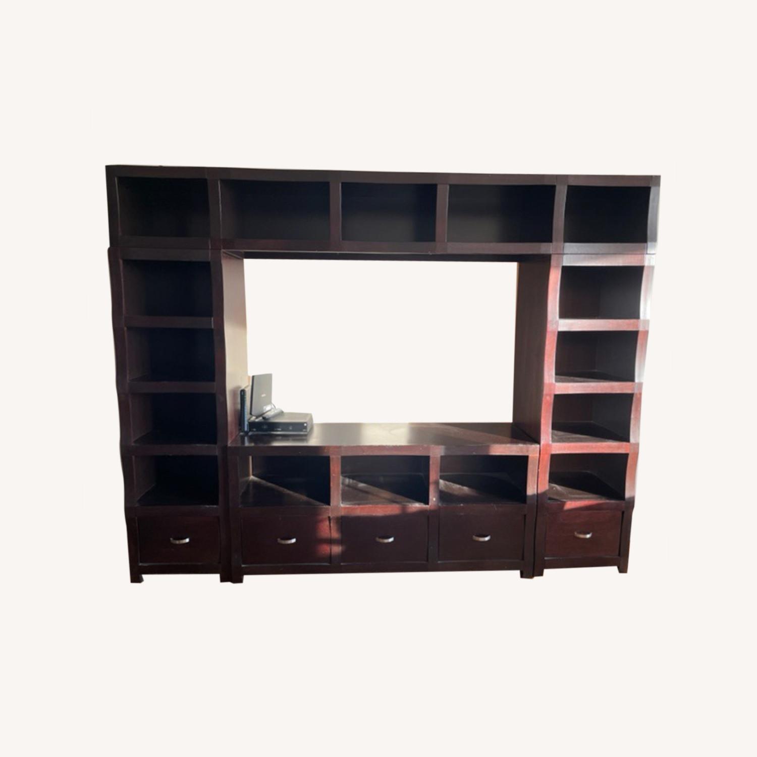 Large Oak Bookcase Media Center Sectional AptDeco