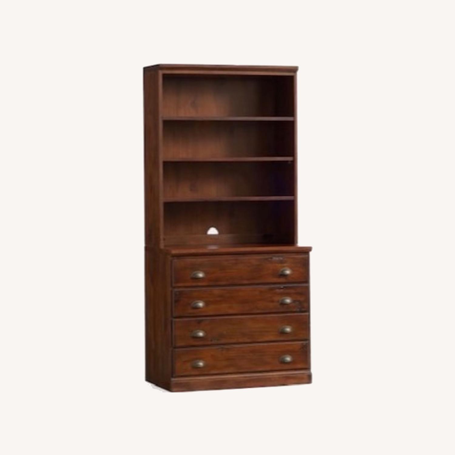 Pottery Barn Wood Bookshelf with Bottom Drawers AptDeco