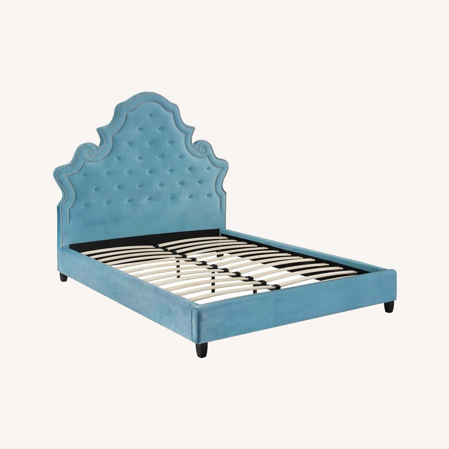 Modern Queen Bed In Velvet Sea W/ Ornate Curves AptDeco