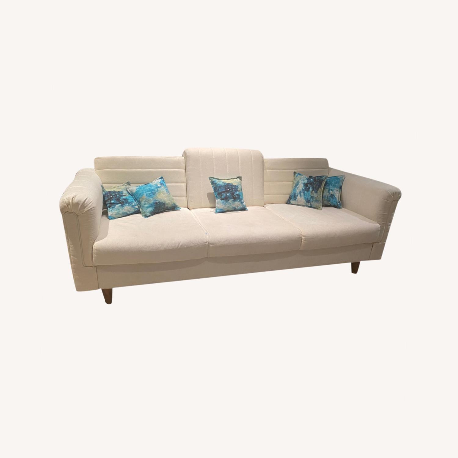 3 Seater White Sofa Set with Small Blue Cushions - image-0