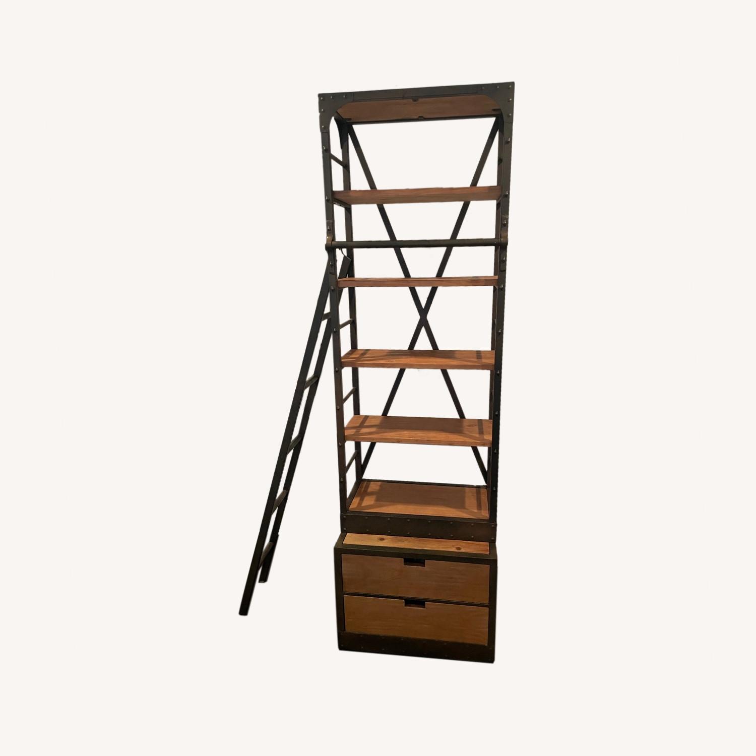 Industrial Bookcase with Movable Ladder AptDeco