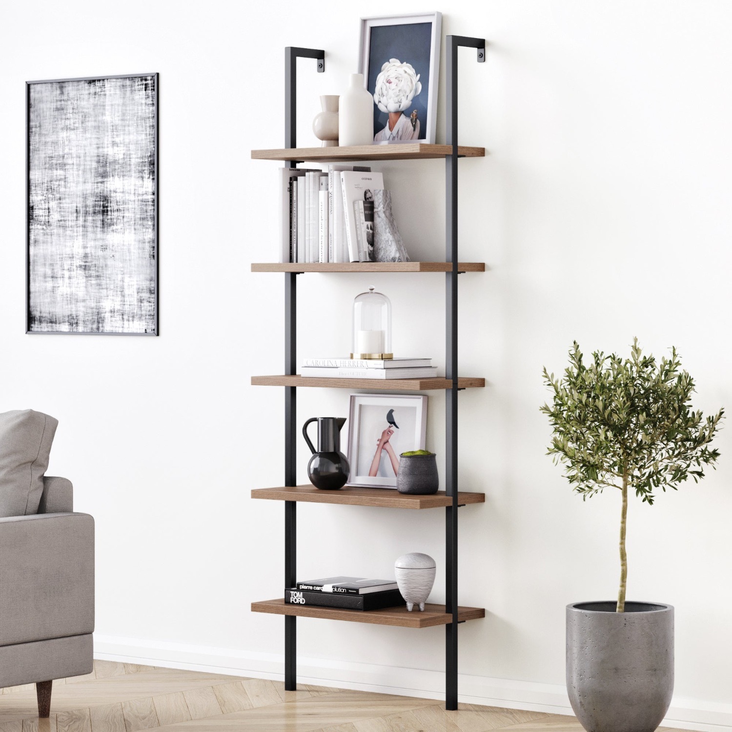 5 Shelf Wood and Metal Ladder Bookcase - image-0