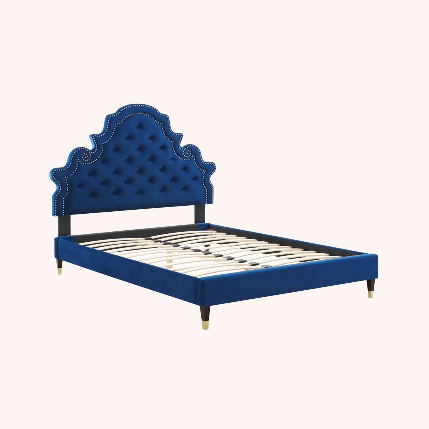Twin Bed In Navy Velvet W/ Classic Tufting Finish AptDeco
