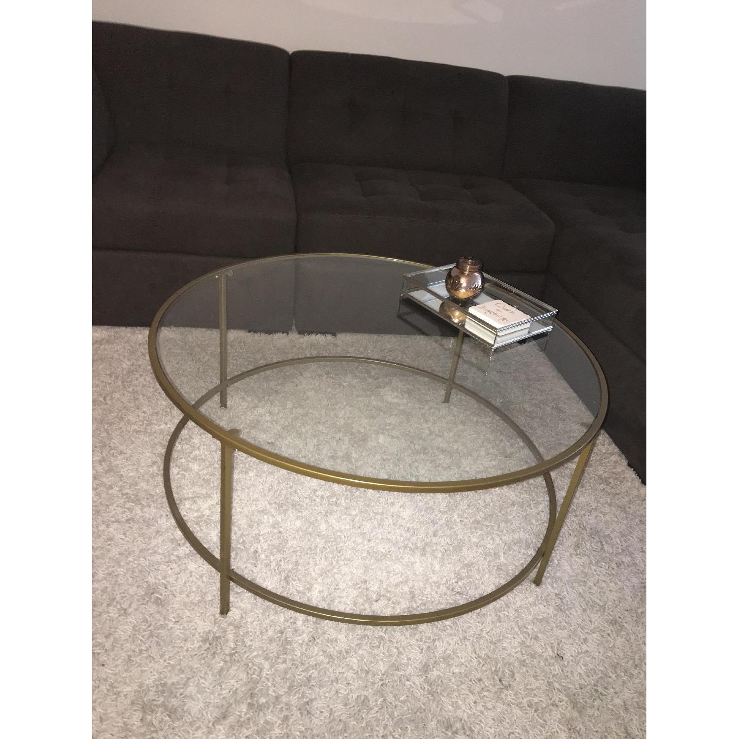 Pier 1 Round Contemporary Gold Coffee Table w/ Glass Top AptDeco