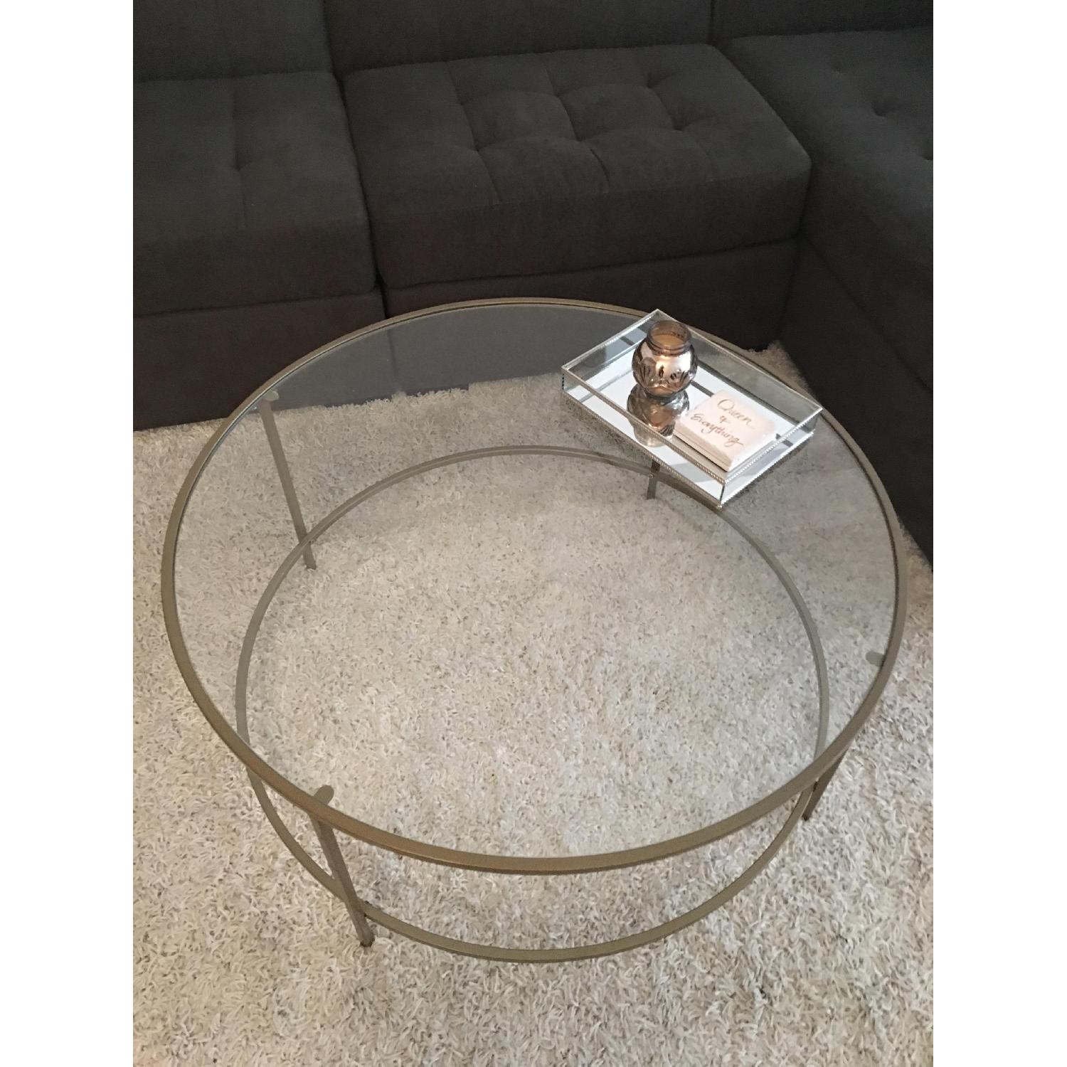Pier 1 Round Contemporary Gold Coffee Table w/ Glass Top AptDeco