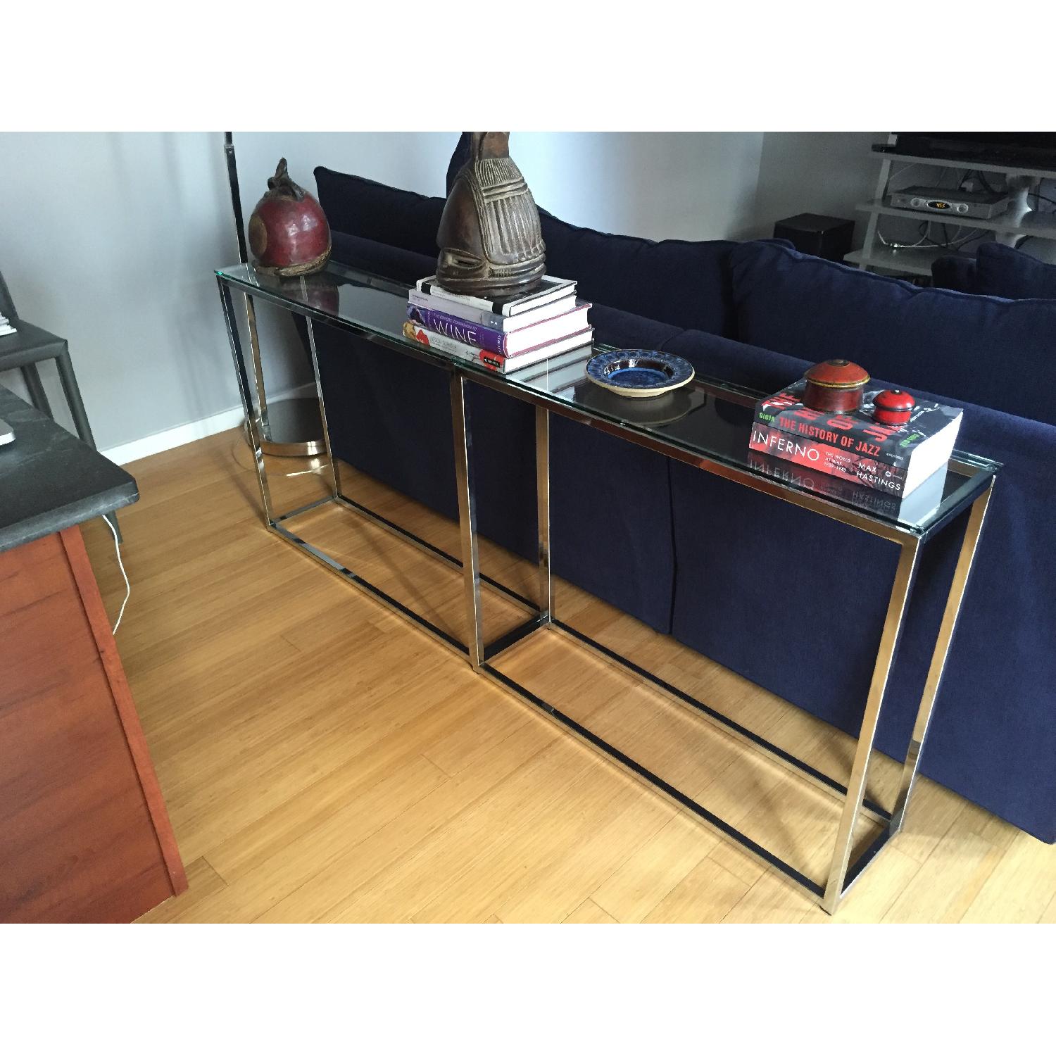 CB2 Glass Top Chrome Console Tables - image-1