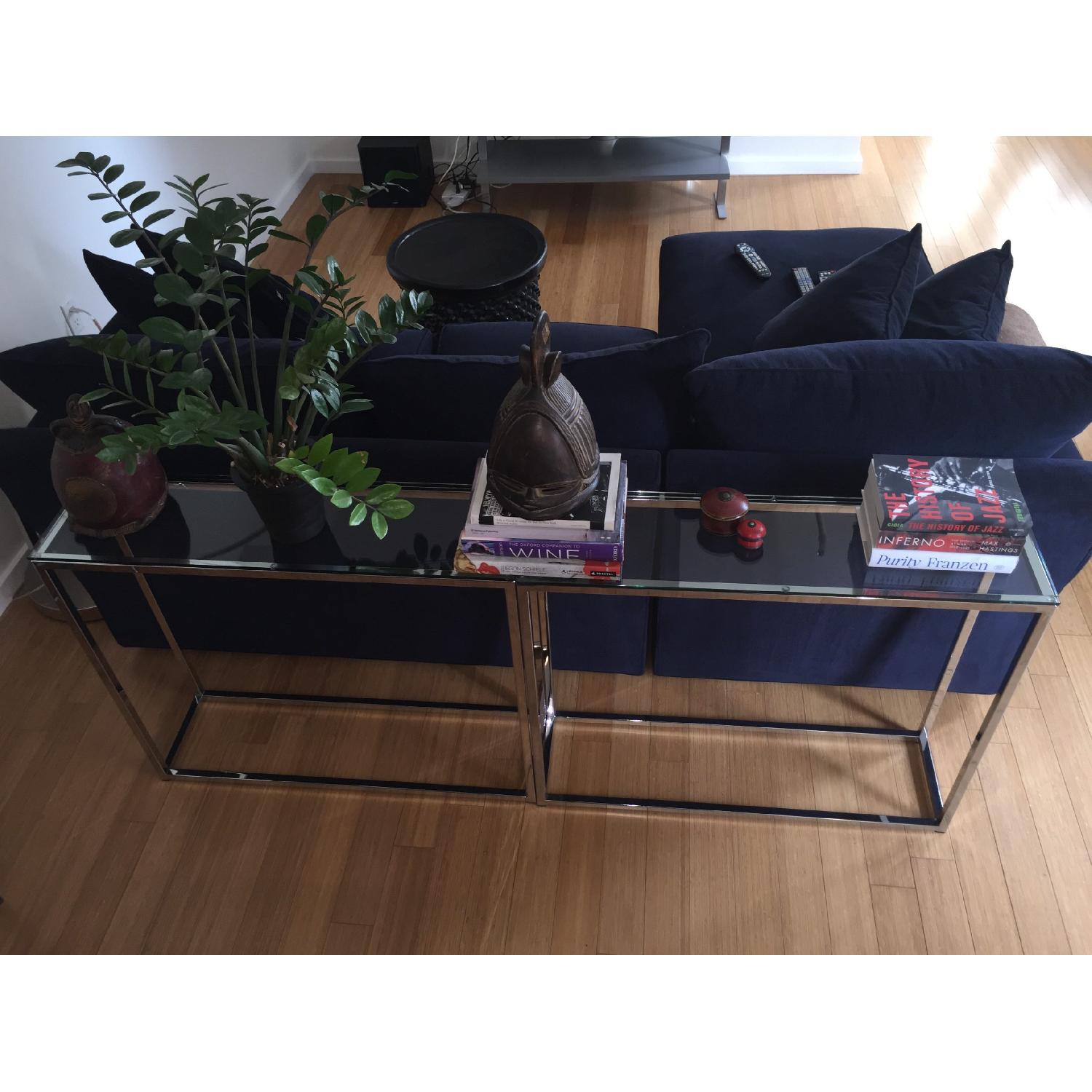 CB2 Glass Top Chrome Console Tables - image-2