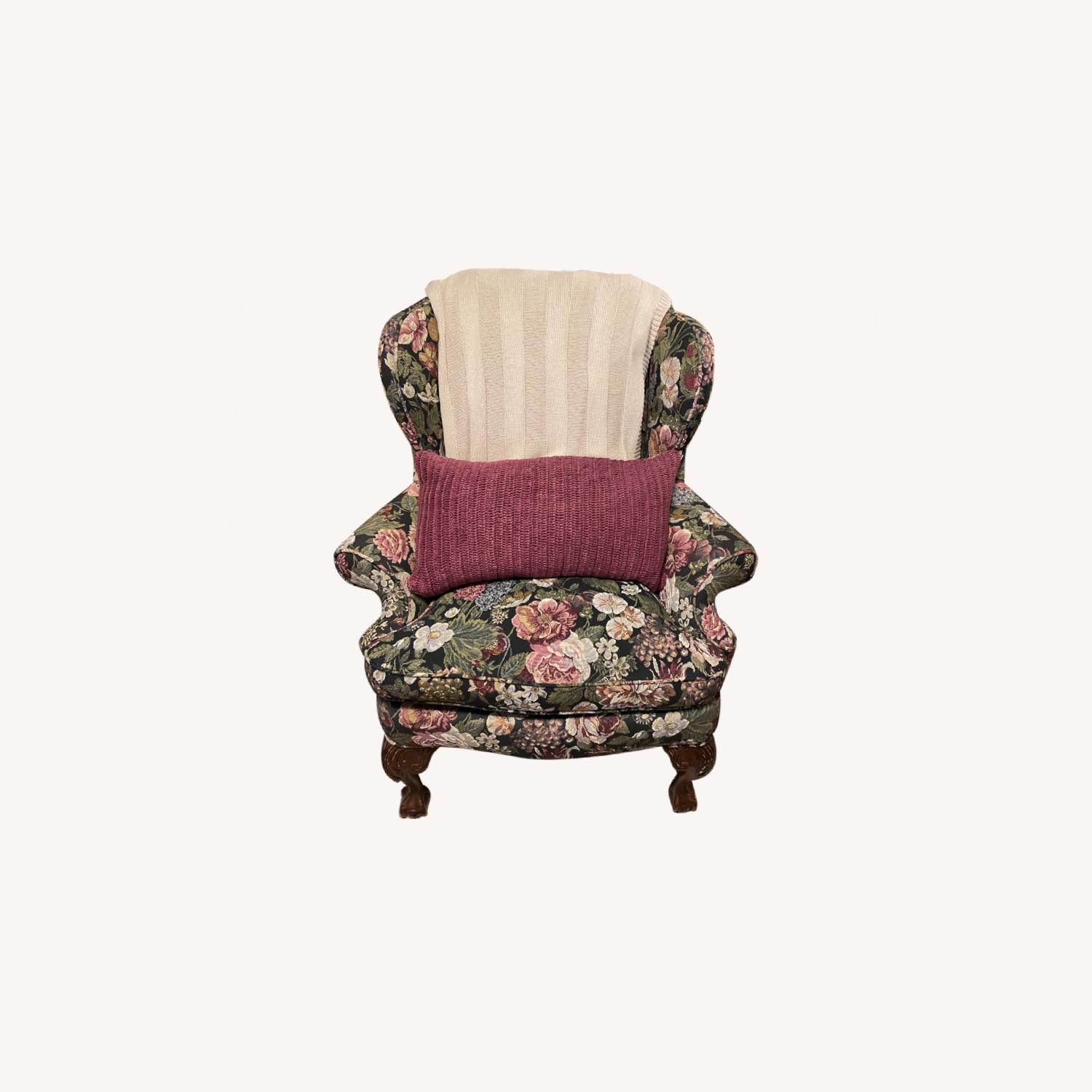 Vintage Black Floral Wingback Chair - image-0