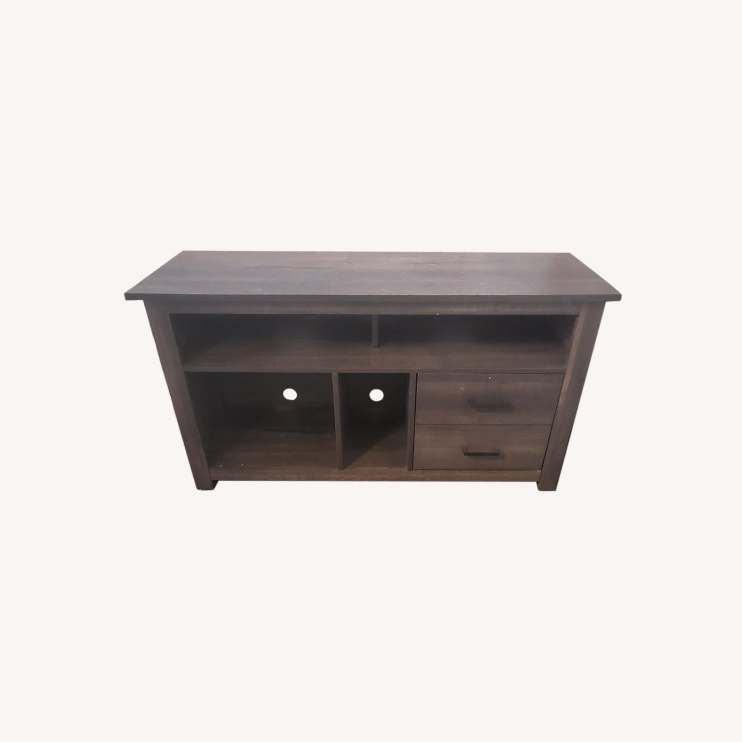 Grey Wood Media Console with Record Storage - image-0