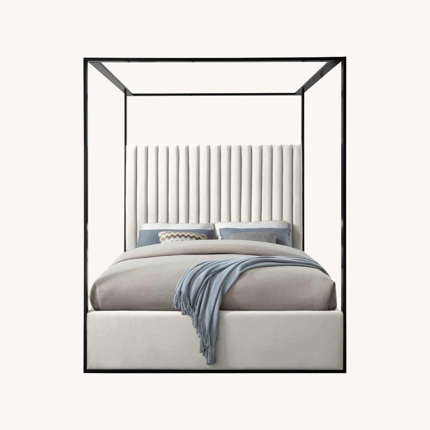 Queen Bed In Cream Velvet W/ Matte Black Frame AptDeco