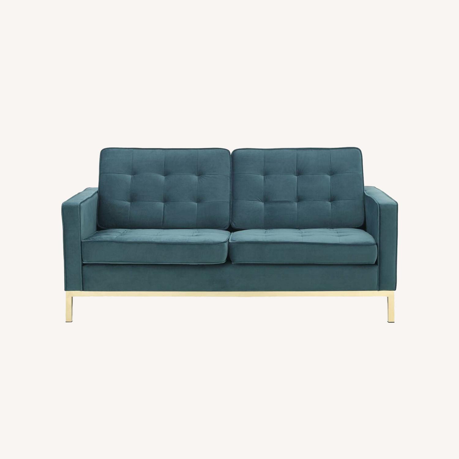 Modern Loveseat In Teal Velvet & Gold Finish AptDeco