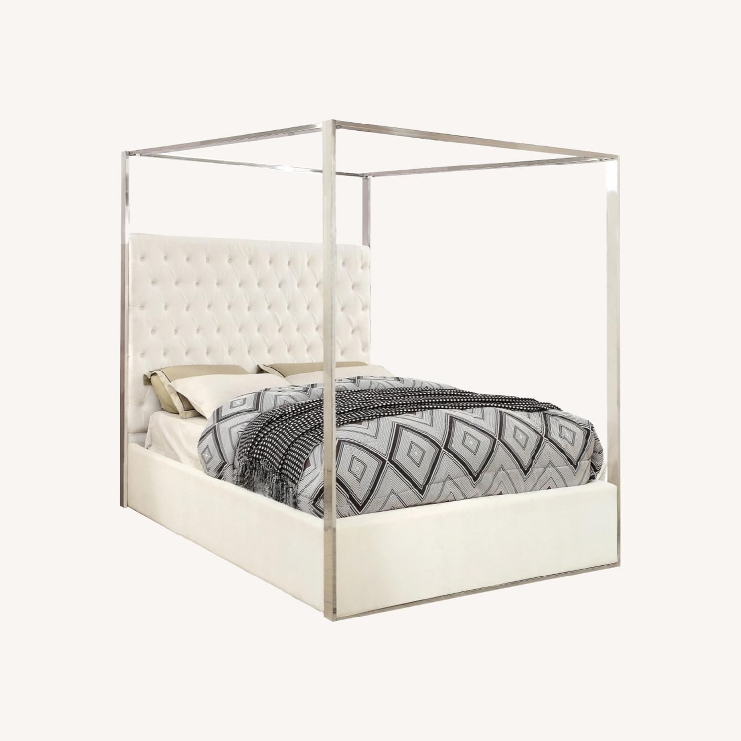 King Bed In White Velvet W/ Chrome Canopy AptDeco