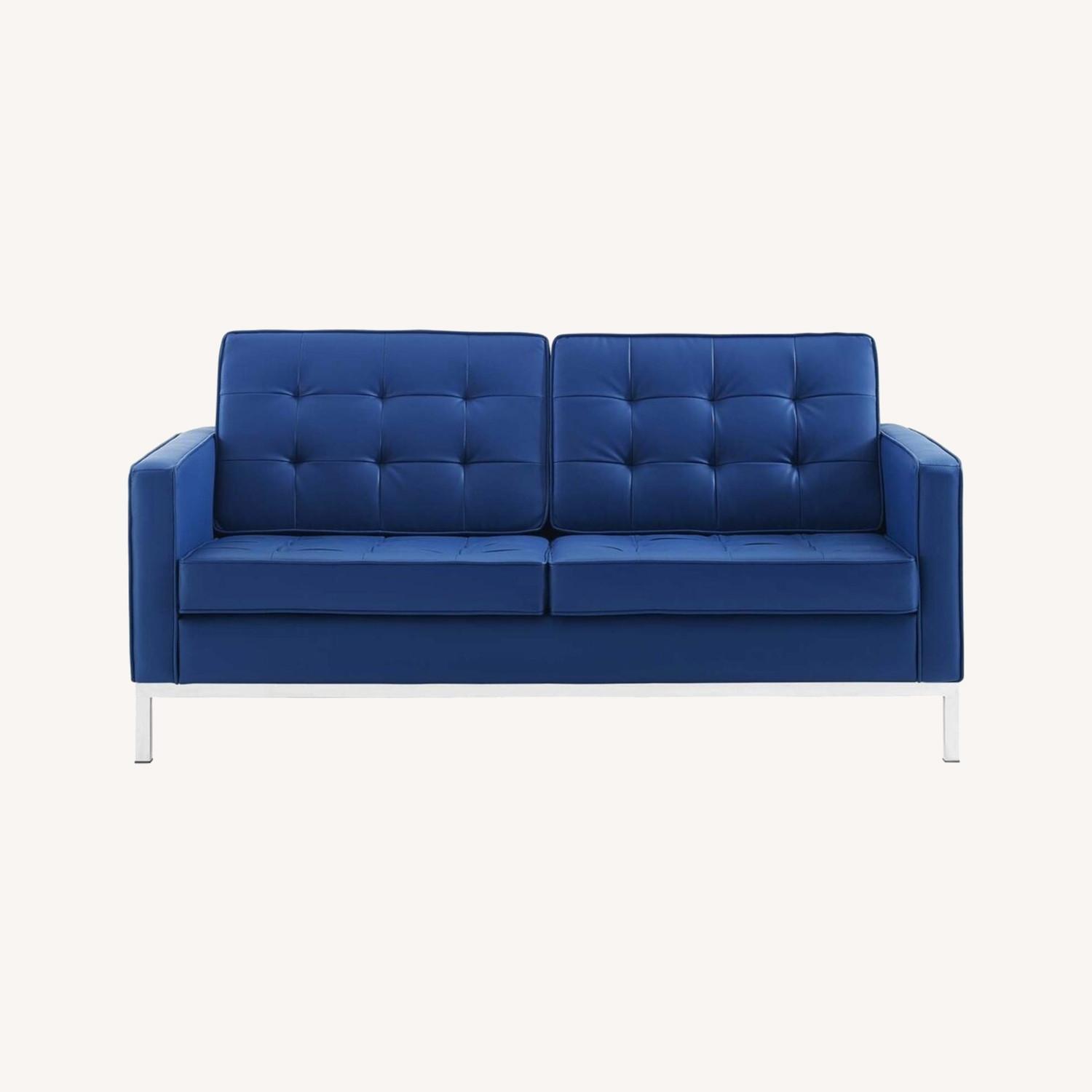 Loveseat In Silver & Navy Faux Leather Upholstery AptDeco