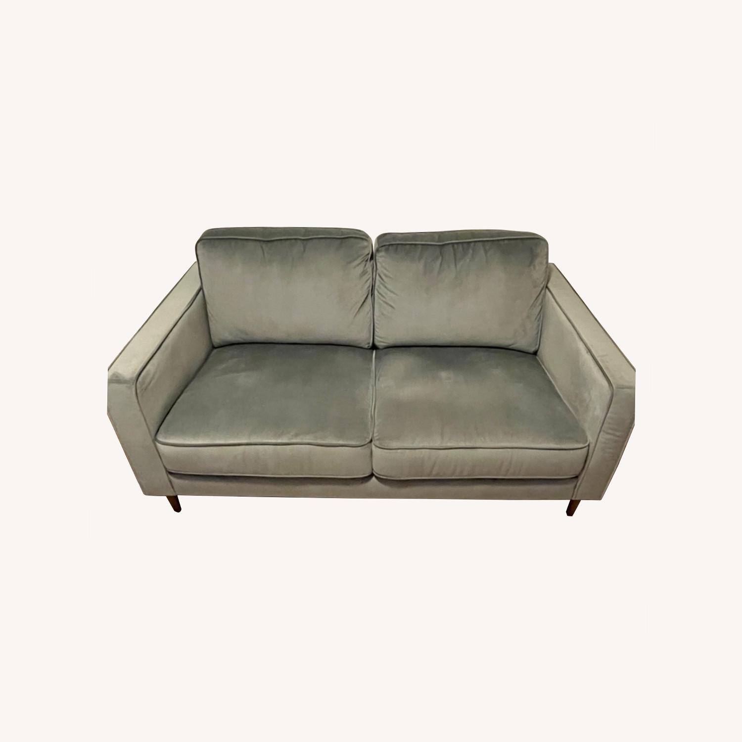 Living Spaces Light Gray Velvet Sofa - AptDeco