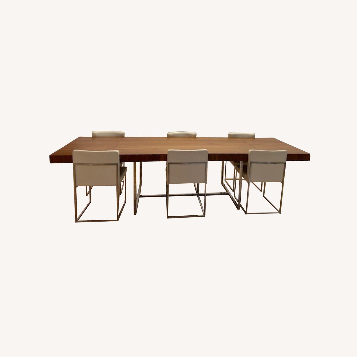 Walnut Dining Table with 6 Offwhite Leather Chairs - AptDeco