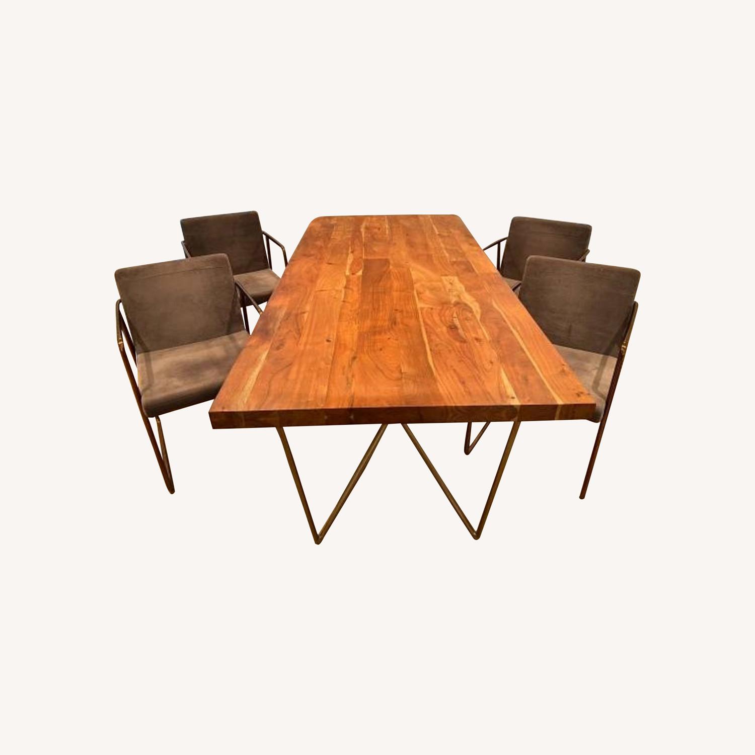 CB2 36"X80" Acacia Dining Table with 4 Grey Velvet Chairs AptDeco