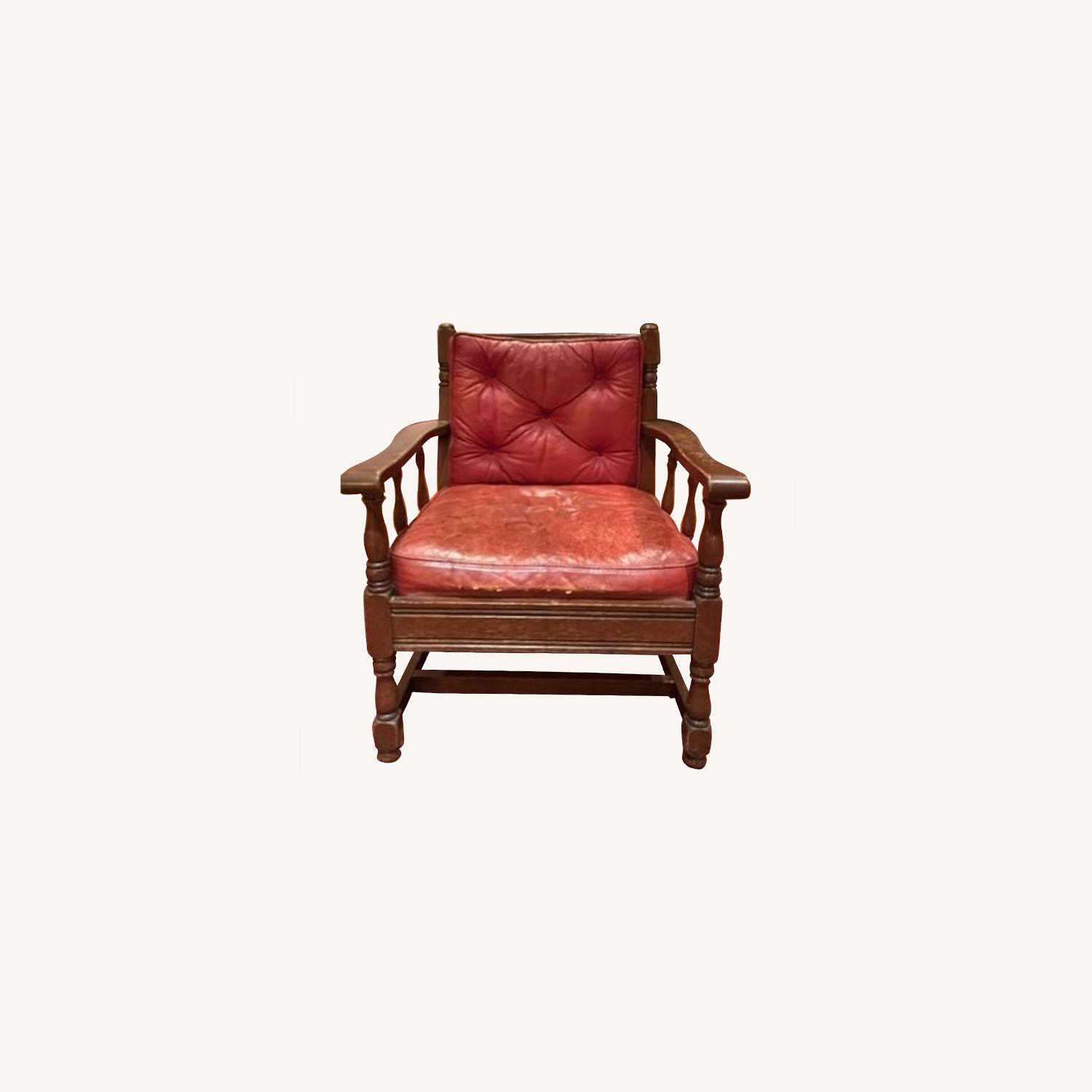 Wooden Chairs with Distressed Red Leather Cushions AptDeco