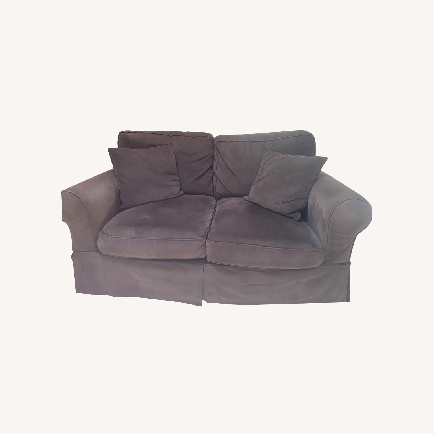 JC Penney Linden Street Brown Velvet Loveseat AptDeco