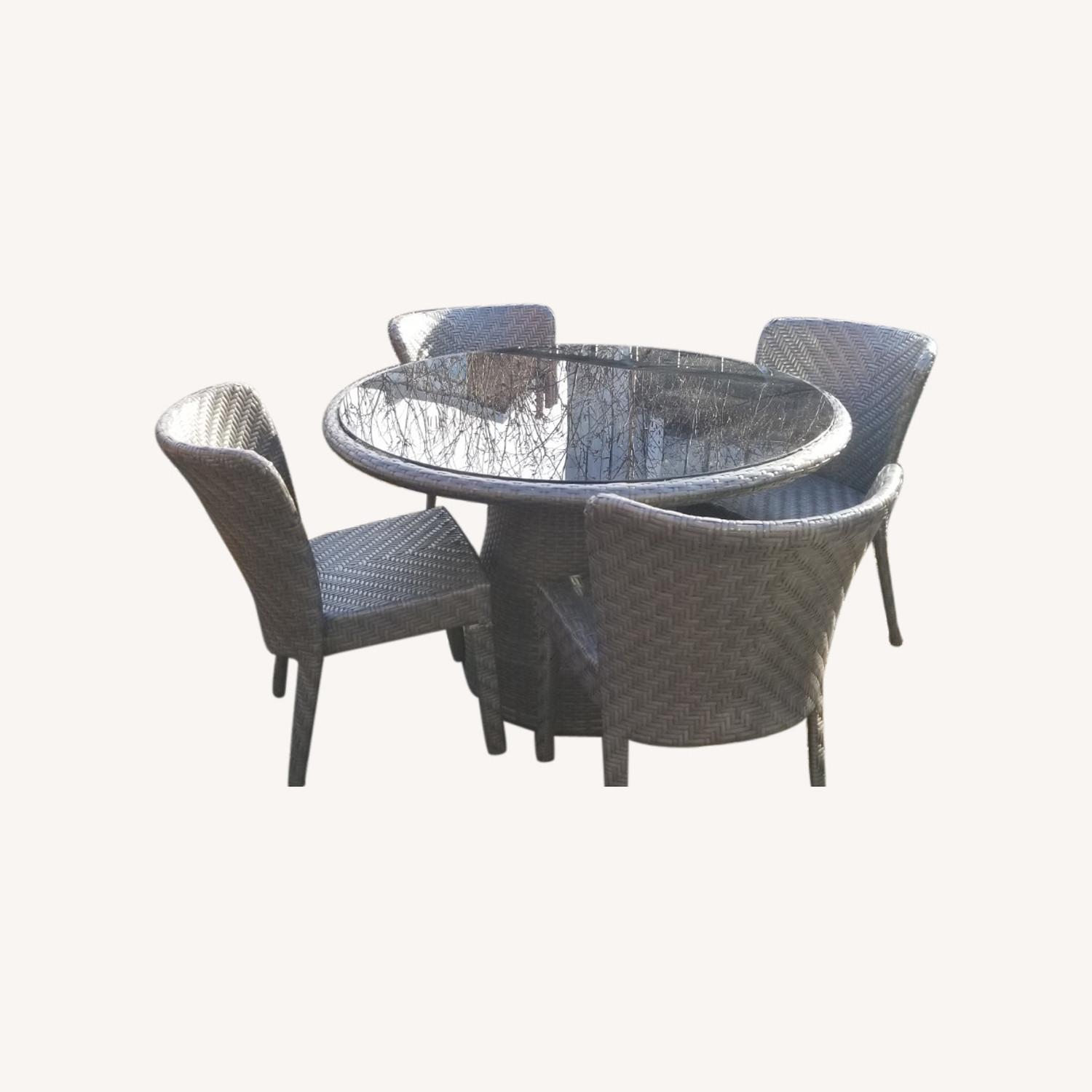 West Elm Black Glass Grey Wicker Table w/Chairs AptDeco