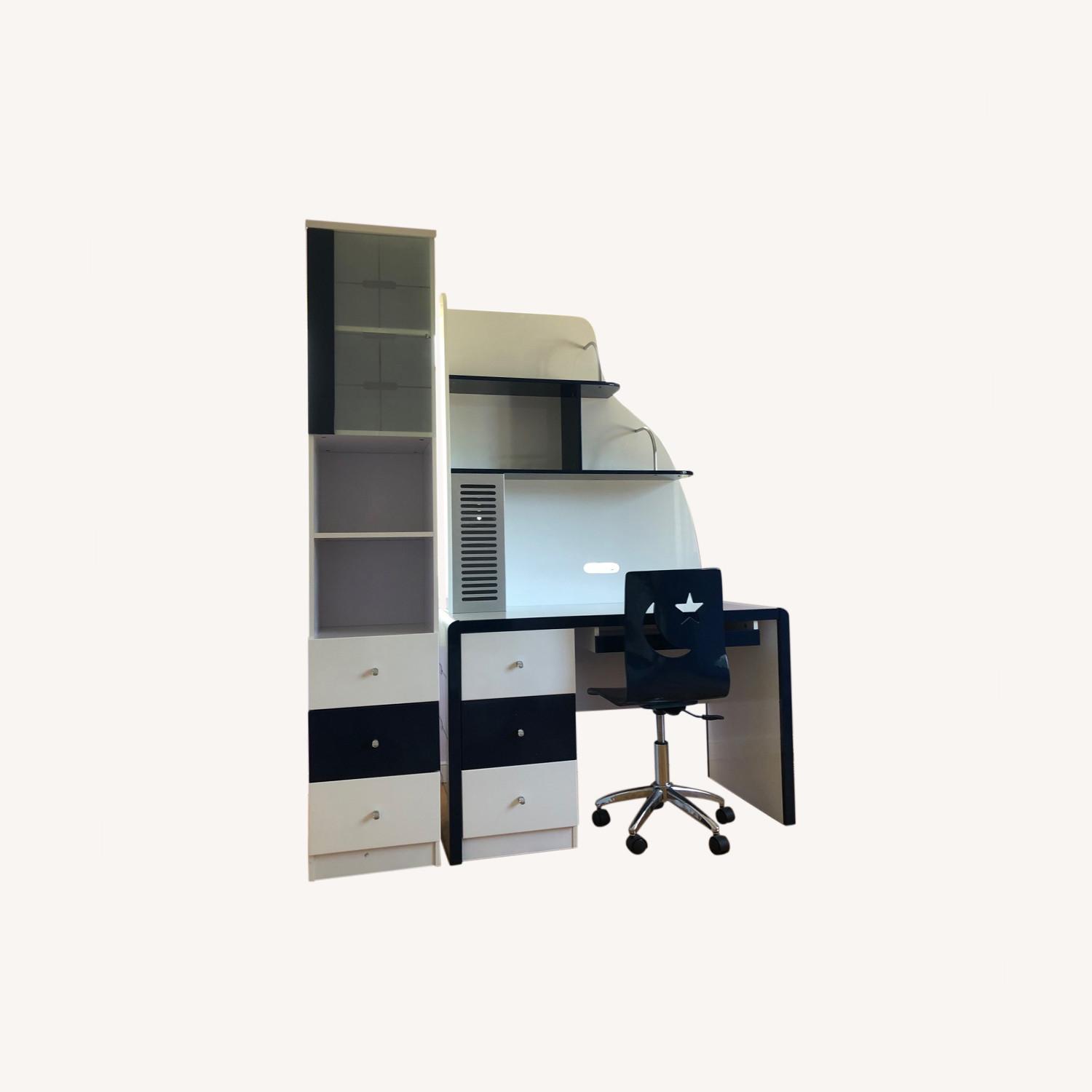 Blue and White Desk, Chair, and Bookcase Set AptDeco