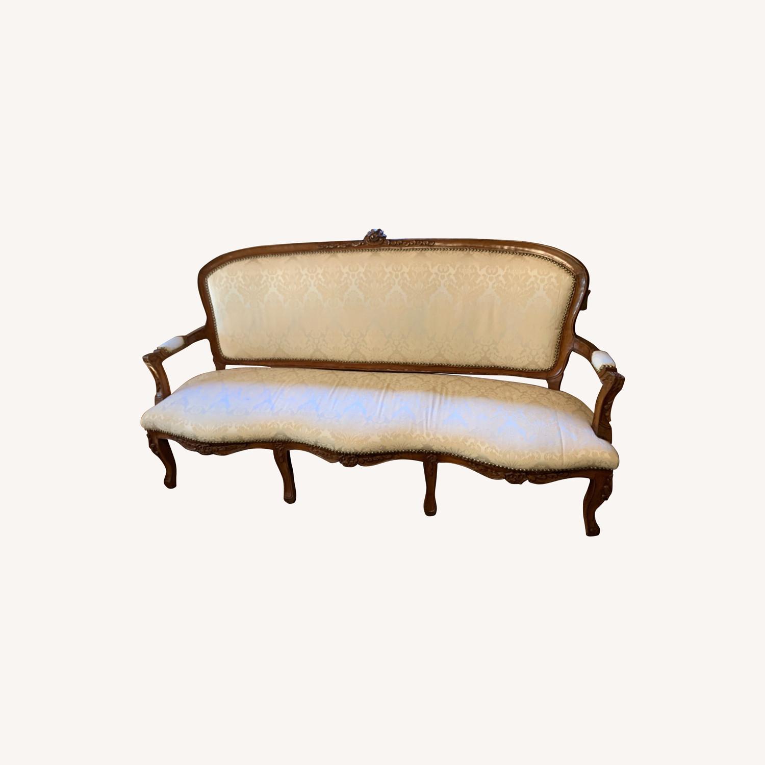 Antique White and Wood Couch AptDeco