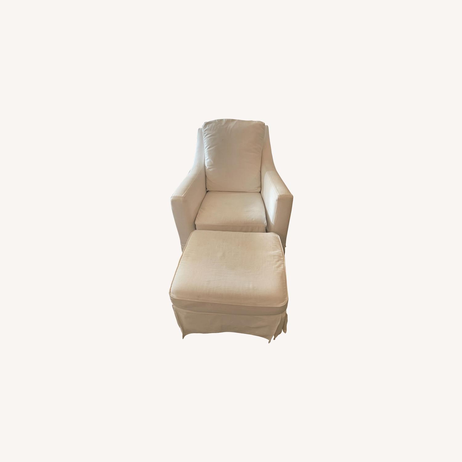 PB White Slipcovered Swivel Chair with Ottoman AptDeco