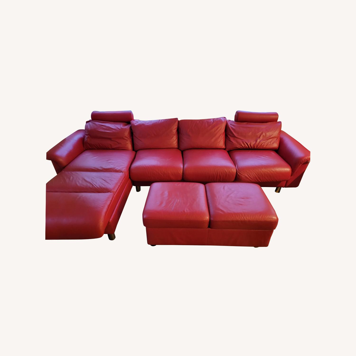 Ekornes Red Leather Sofa with Ottoman AptDeco