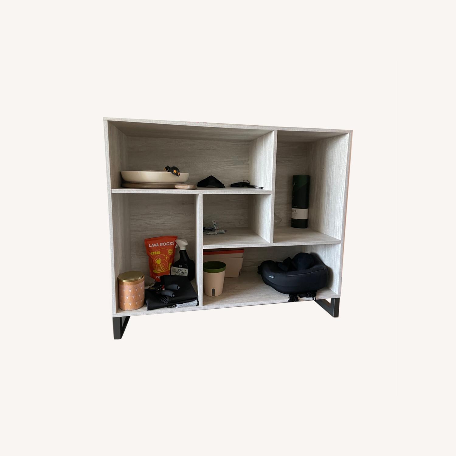 Light Grey Natural Wood Geometric Bookcase AptDeco