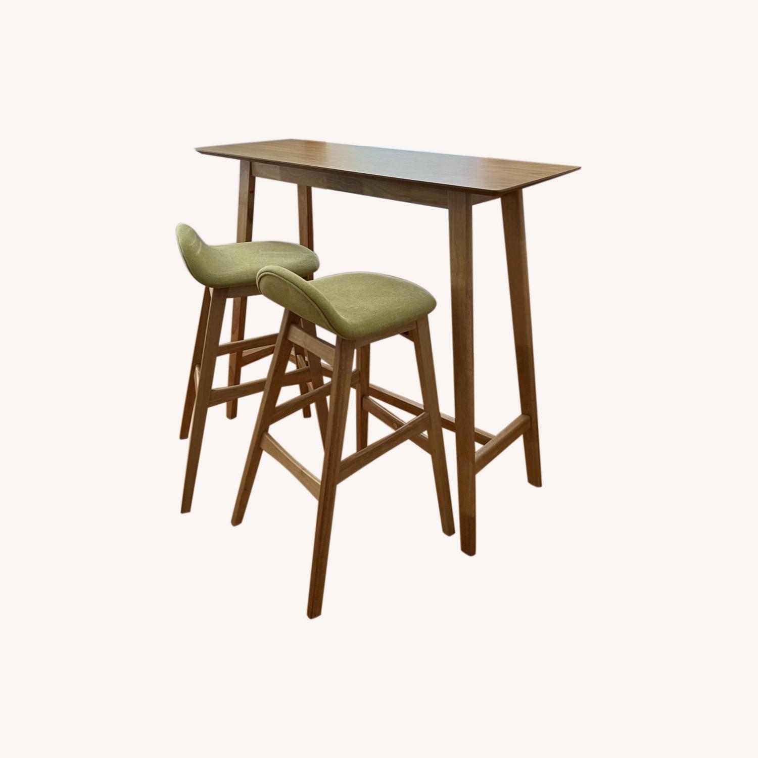 Oak Bar Table with Fun Green Stools AptDeco