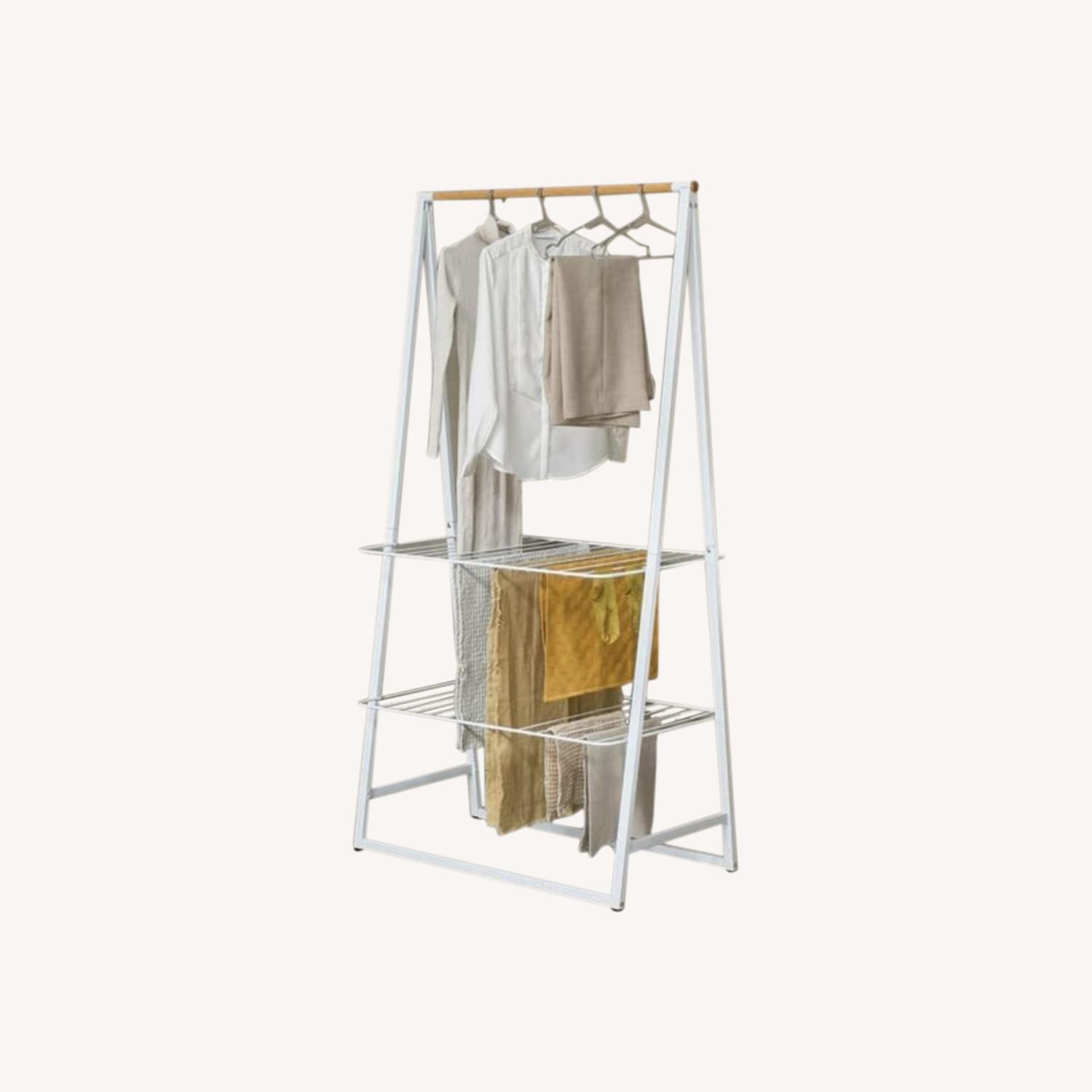 Large White & Bamboo Clothes Rack - AptDeco