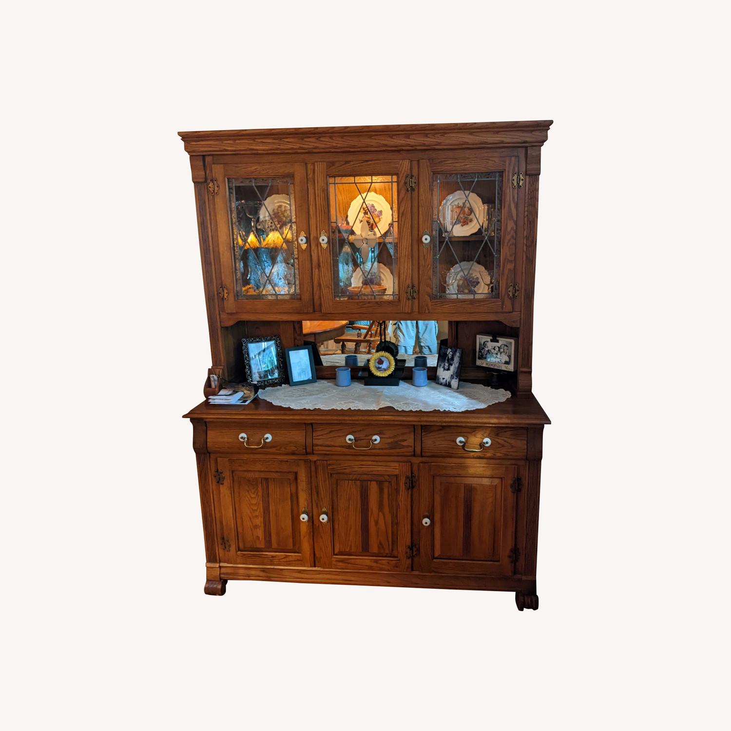 Vintage Oak Hutch With Custom Lead Glass Windows AptDeco