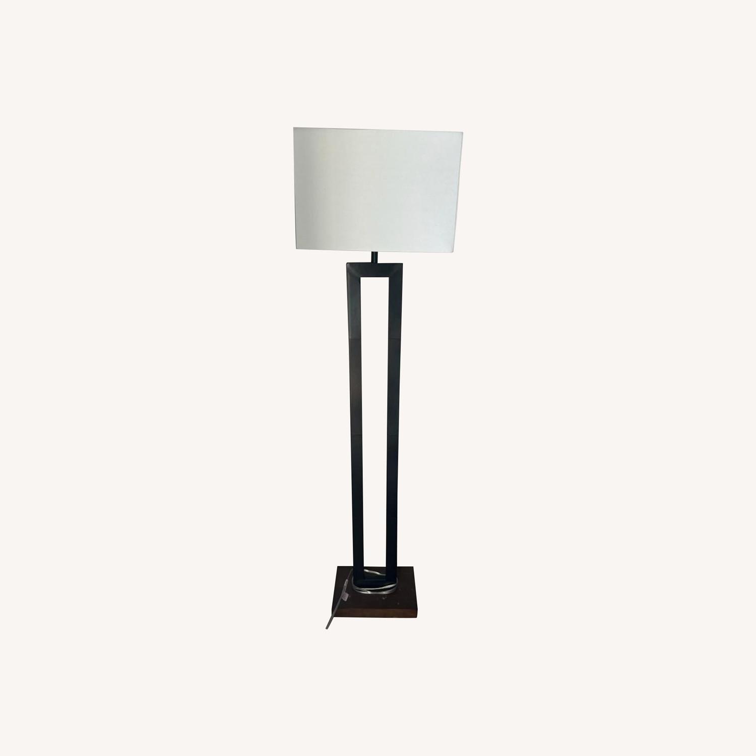 Table Lamp | White Linen Shade | Gray Glass and Metal Base 27