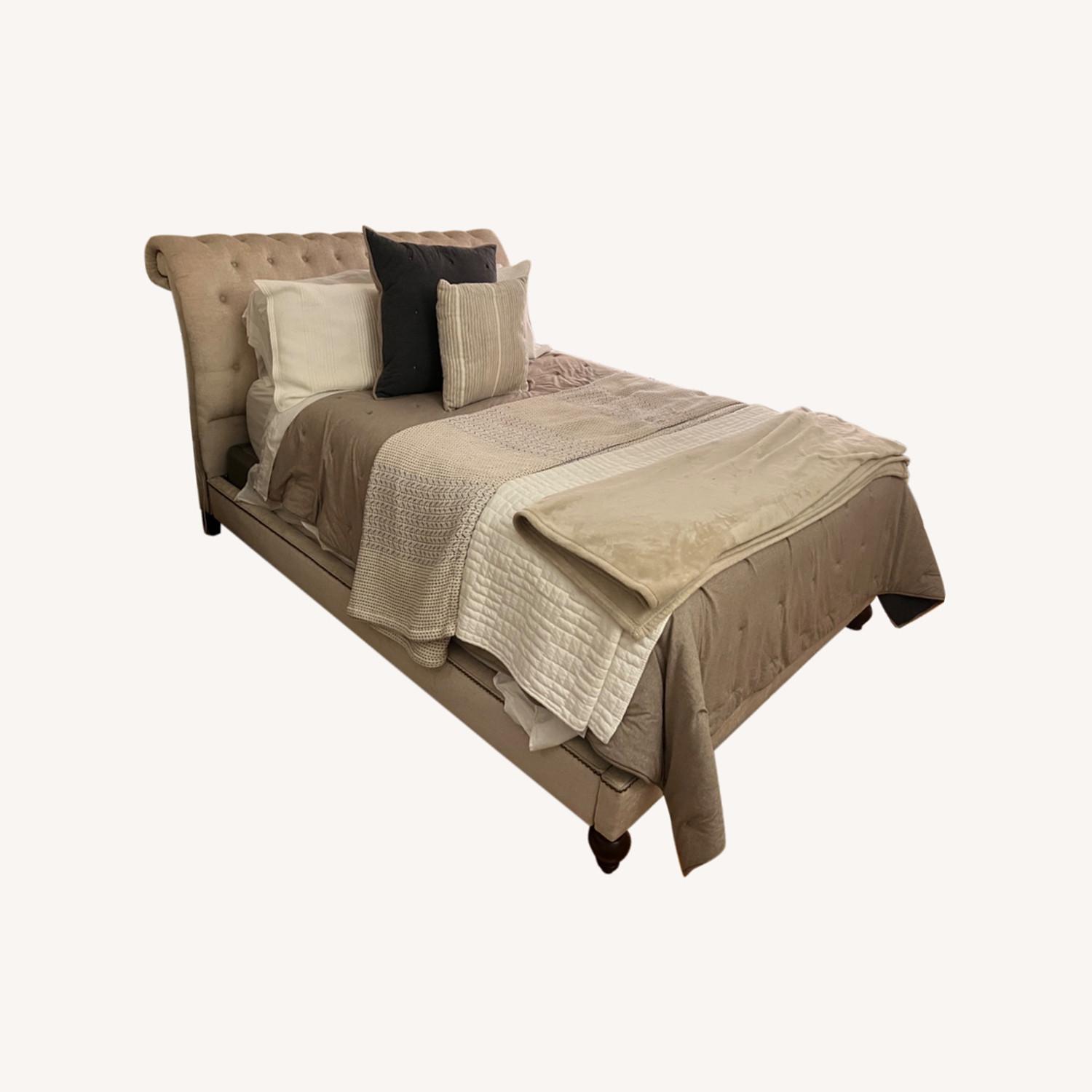 Macys Beige Fabric Sleigh Queen Bed AptDeco