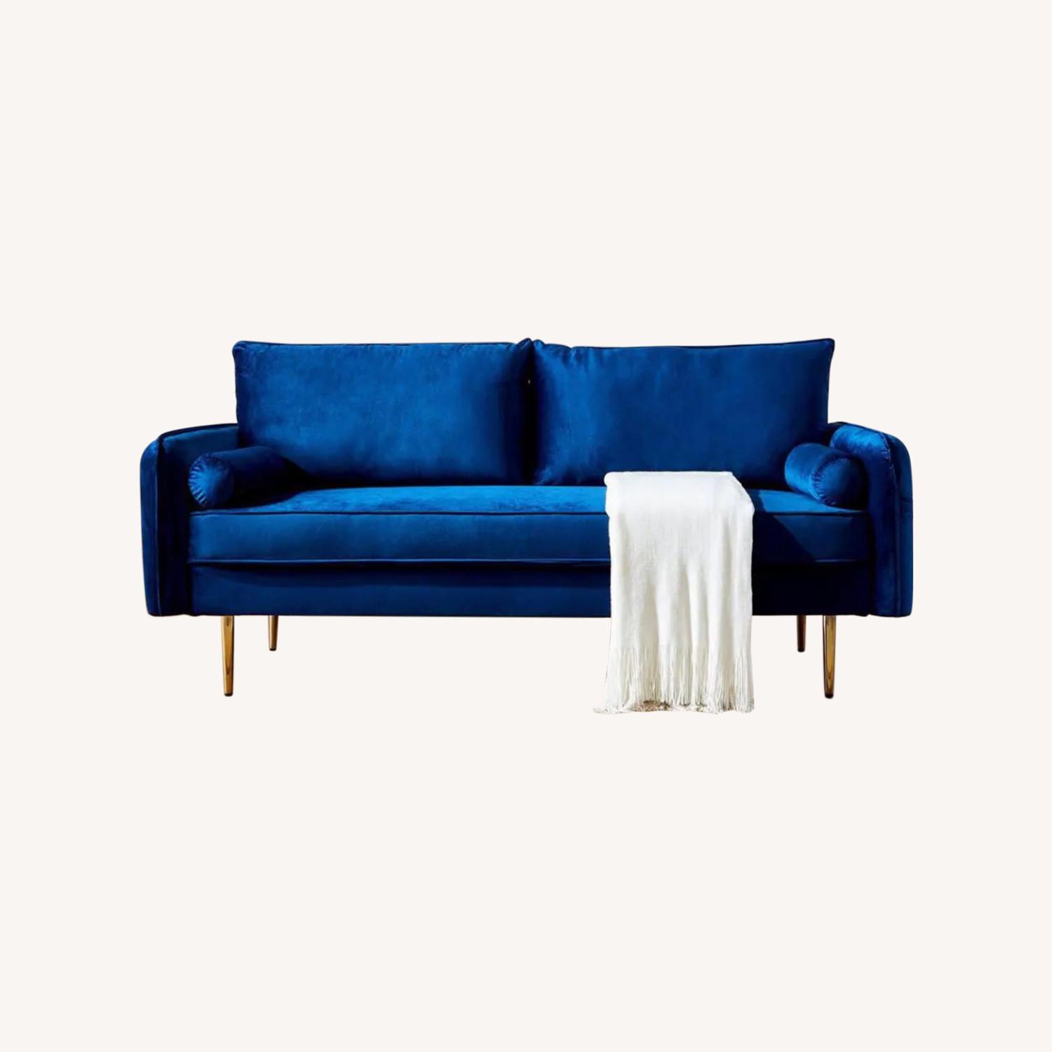 Home Depot Blue Velvet Couch with Pockets AptDeco